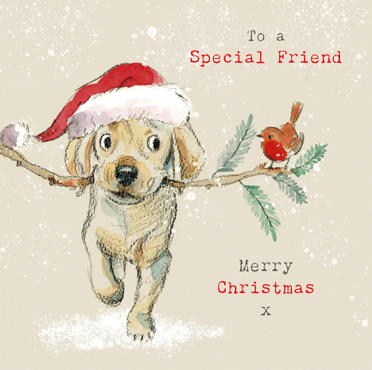 Christmas Card - to a Special Friend - Golden Labrador/Retriever Carrying Stick with Robin.