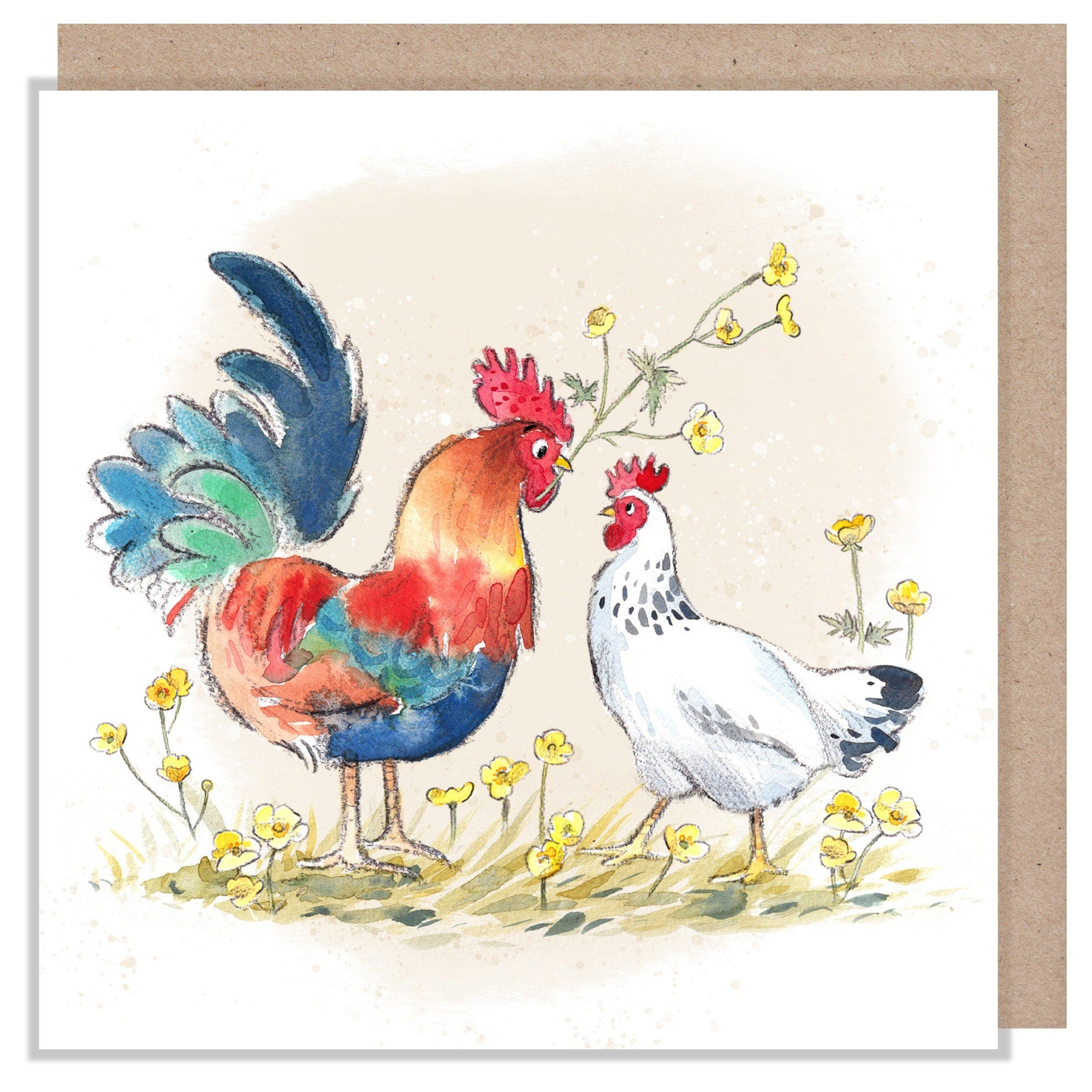 Greeting Card - Blank - Just For You - Cockerel and Hen with Flowers