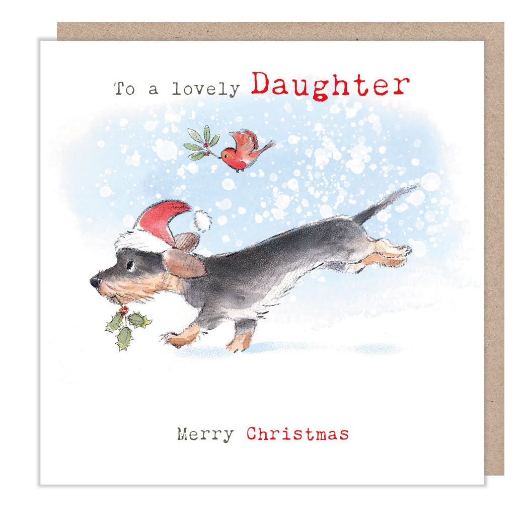Christmas Card - Running Dachshund Wearing Hat with Flying Robin. to a Lovely Daughter