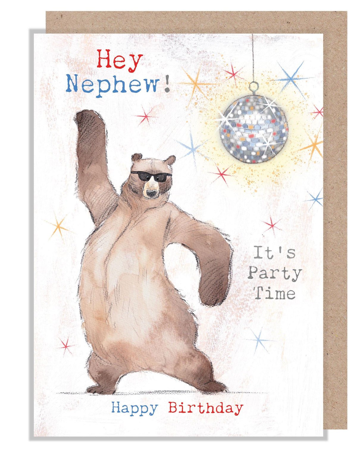 Birthday Card - Hey Nephew - Dancing Bear with Glitter Ball