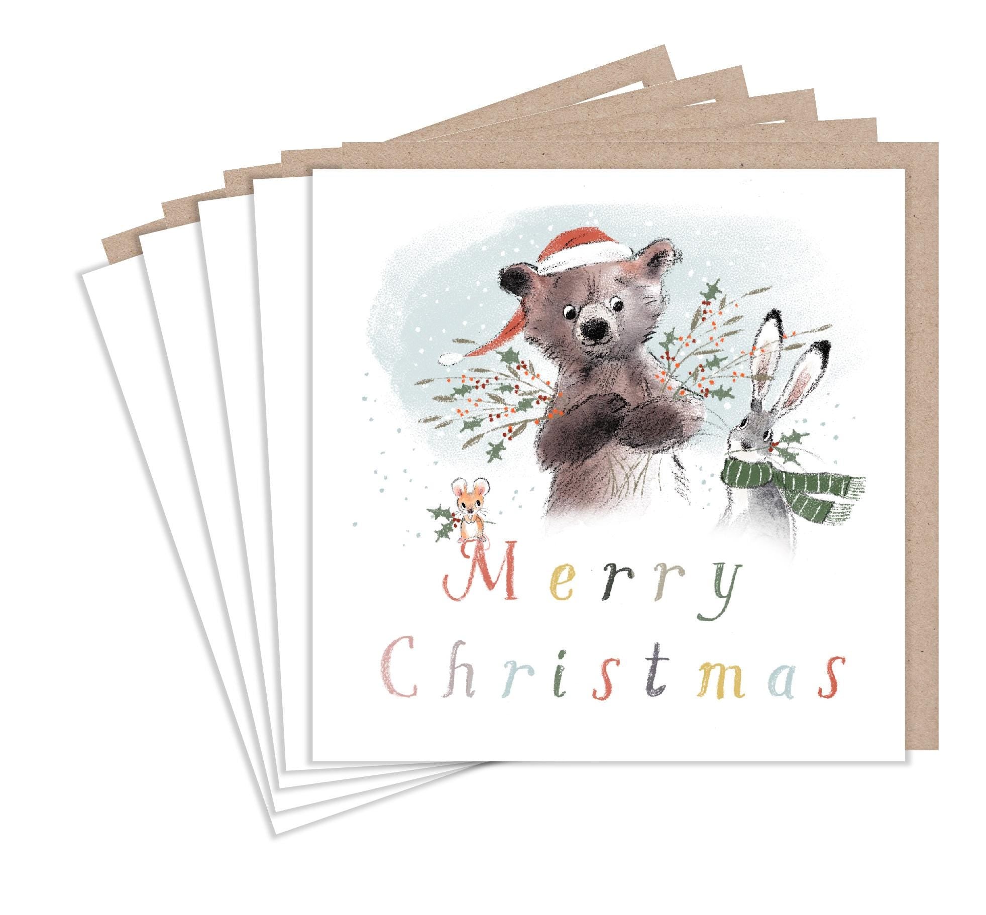 Christmas Card Pack - Bear, Hare and Mouse with Holly