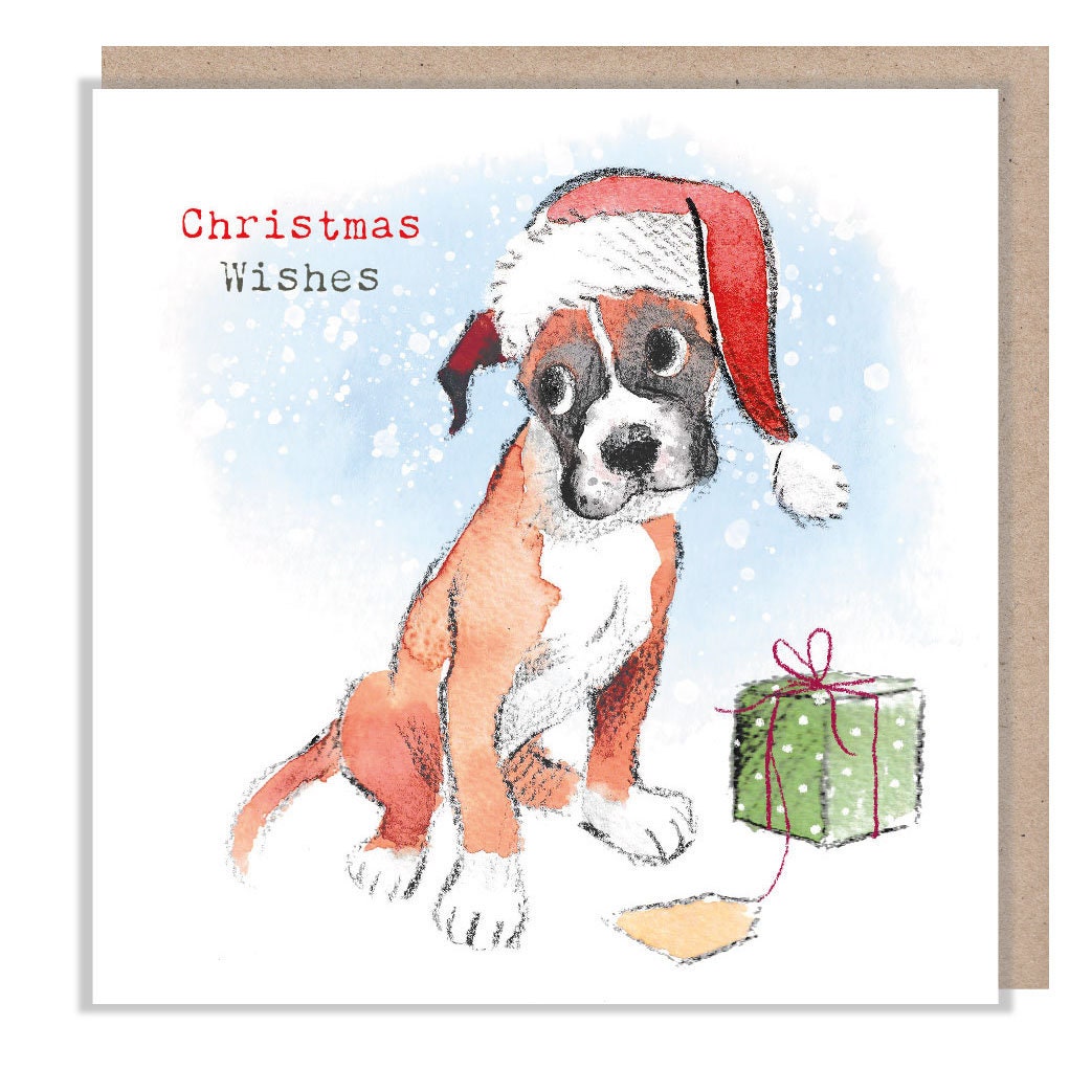 Christmas Card - Boxer Dog, Wearing Hat, with Green Christmas Present. Christmas Wishes