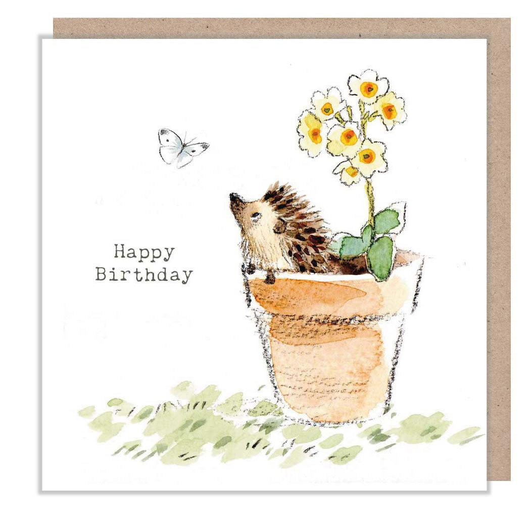 Happy Birthday Card - Hedgehog in Flower Pot with Butterfly