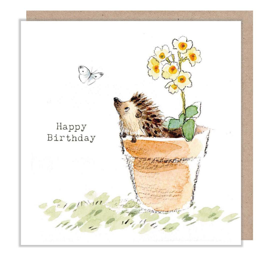 Happy Birthday Card - Hedgehog in Flower Pot with Butterfly