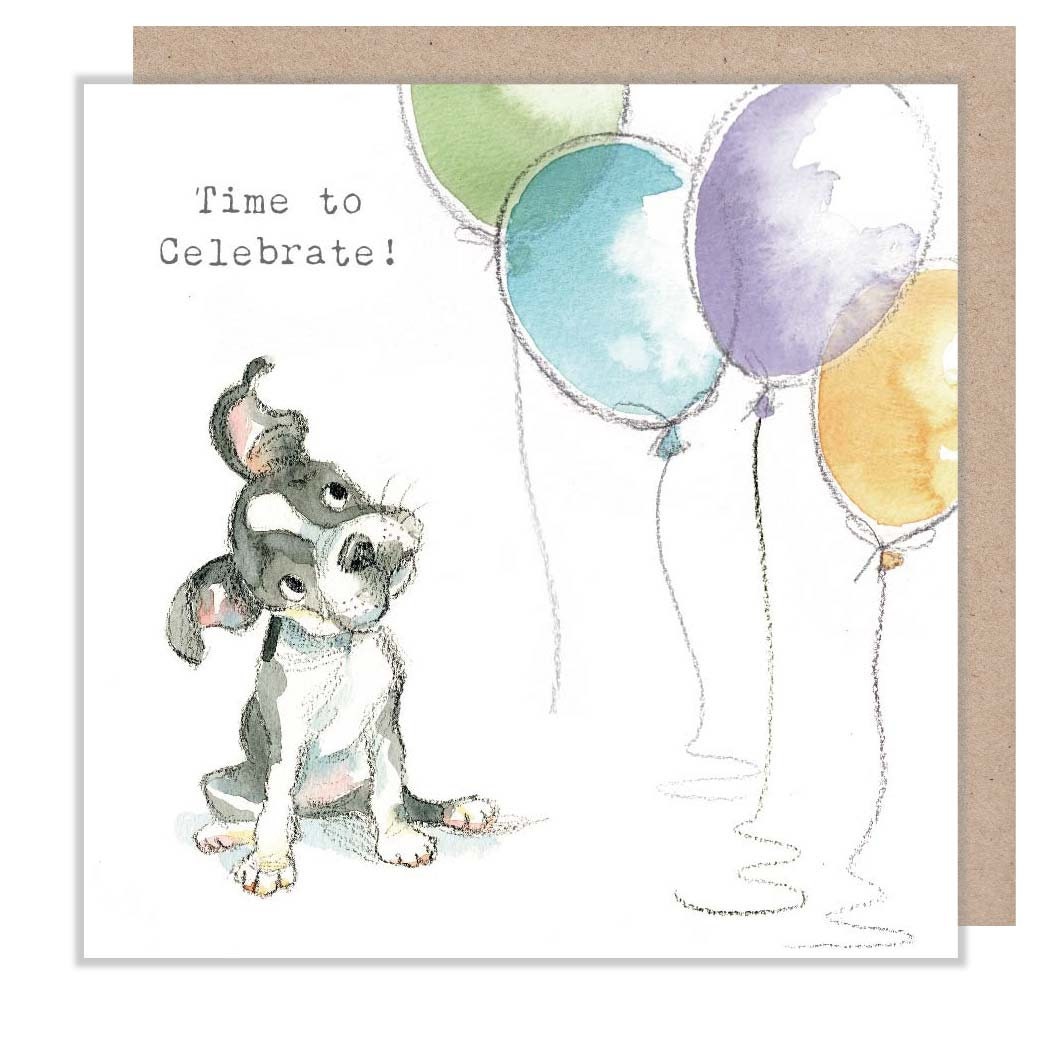 Time to Celebrate Card - French Bulldog and 4 Balloons