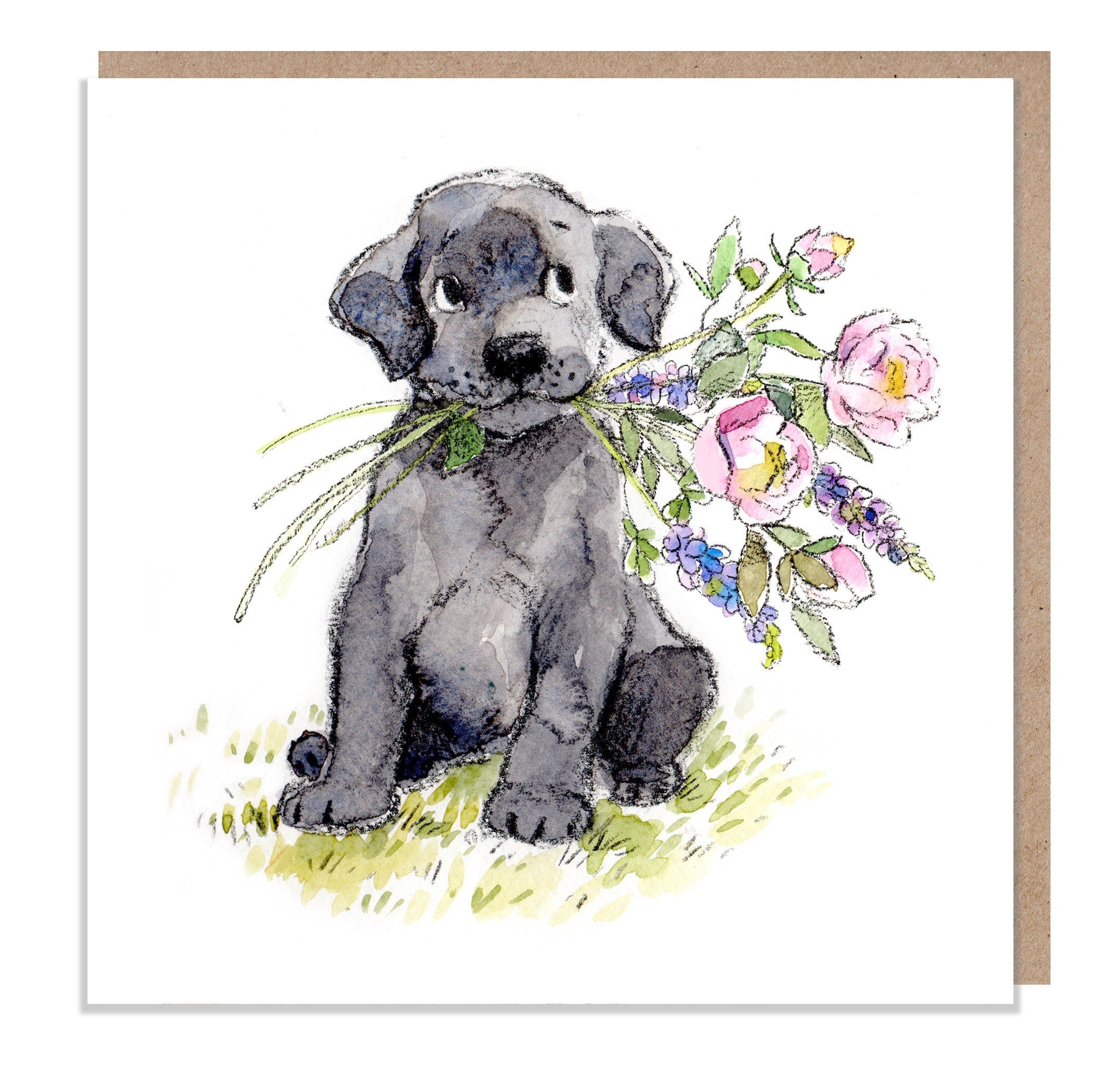 Cute Dog Card - Blank - Black Labrador with Flowers