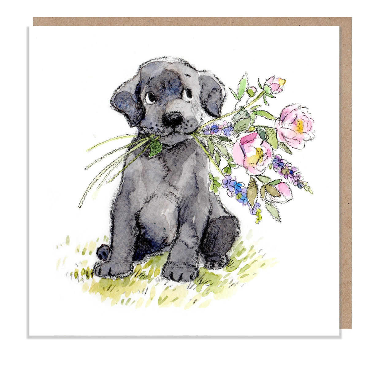 Cute Dog Card - Blank - Black Labrador with Flowers