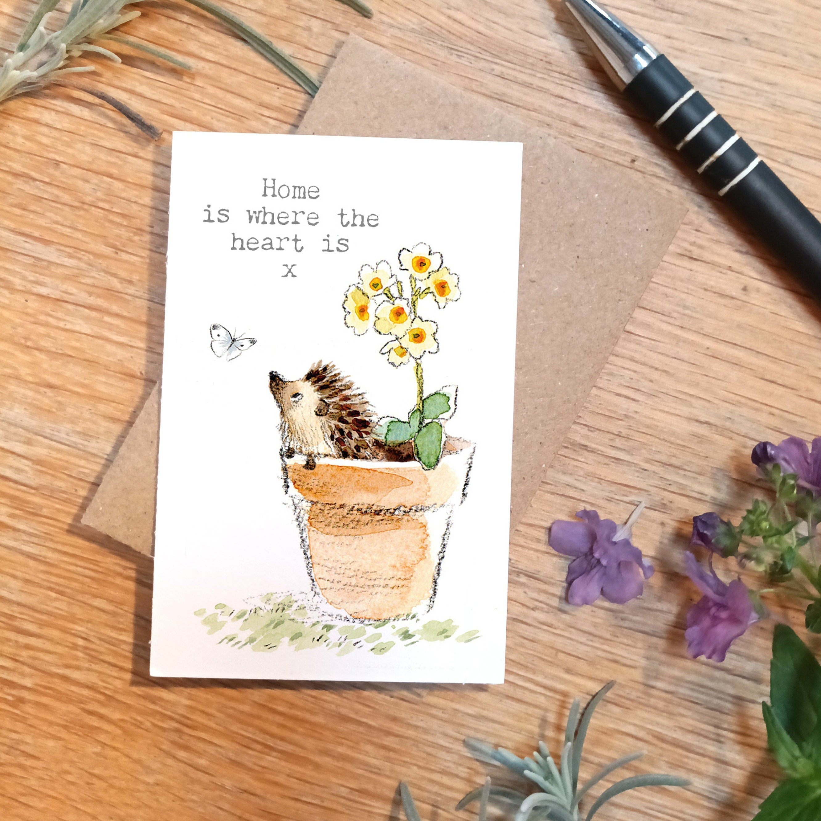 Sentiment Card - Home Is Where the Heart Is - Hedgehog in Flowerpot
