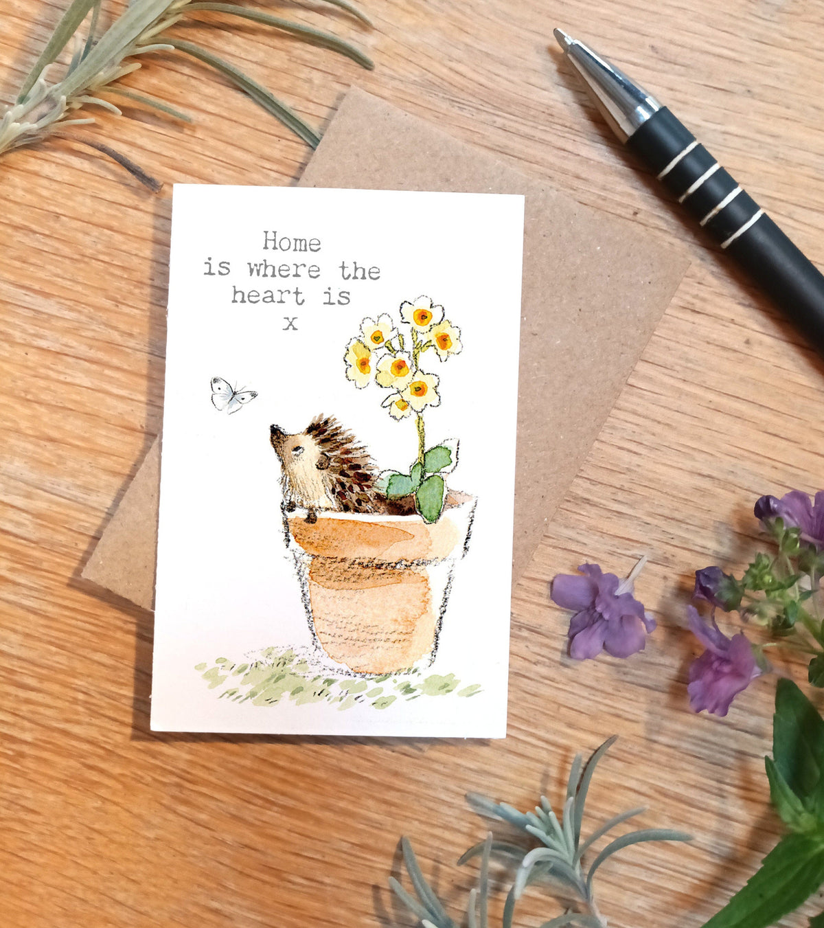 Sentiment Card - Home Is Where the Heart Is - Hedgehog in Flowerpot