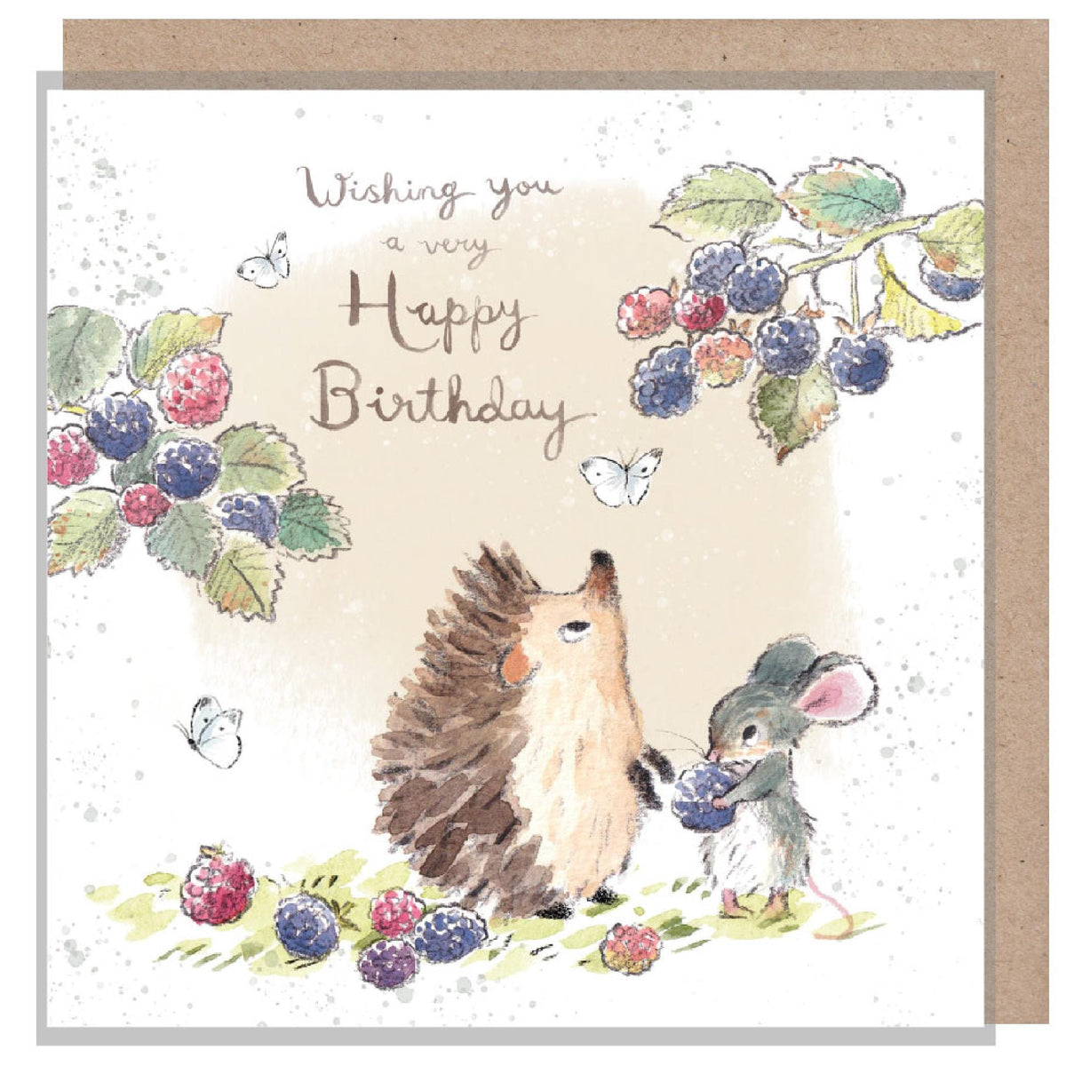 Happy Birthday Card - Hedgehog, Mouse with Blackberries and Butterflies