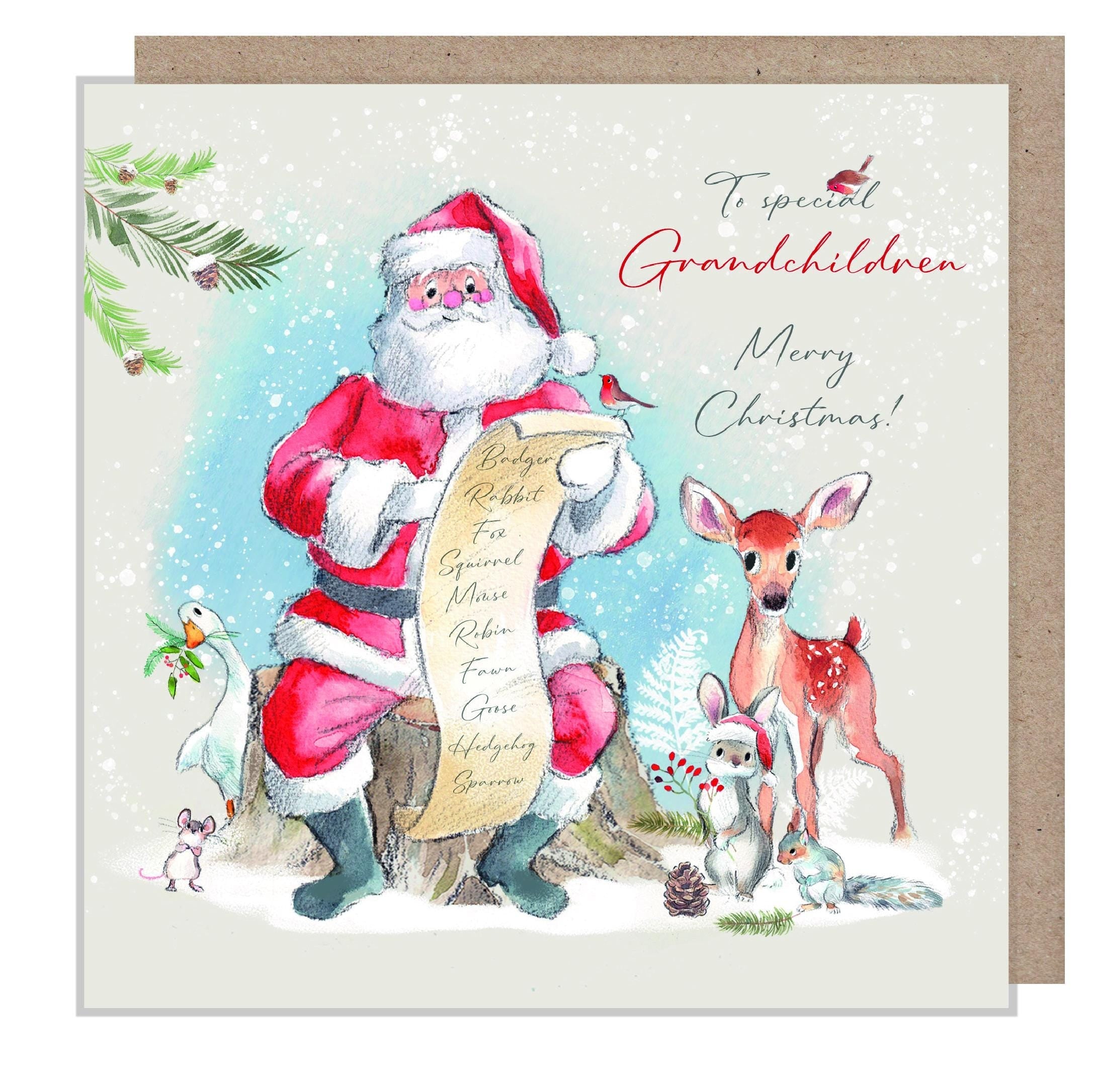 To Special Grandchildren Christmas Card - Santa with List and Forest Animals