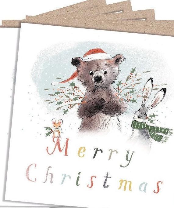 Christmas Card Pack - Bear, Hare and Mouse with Holly