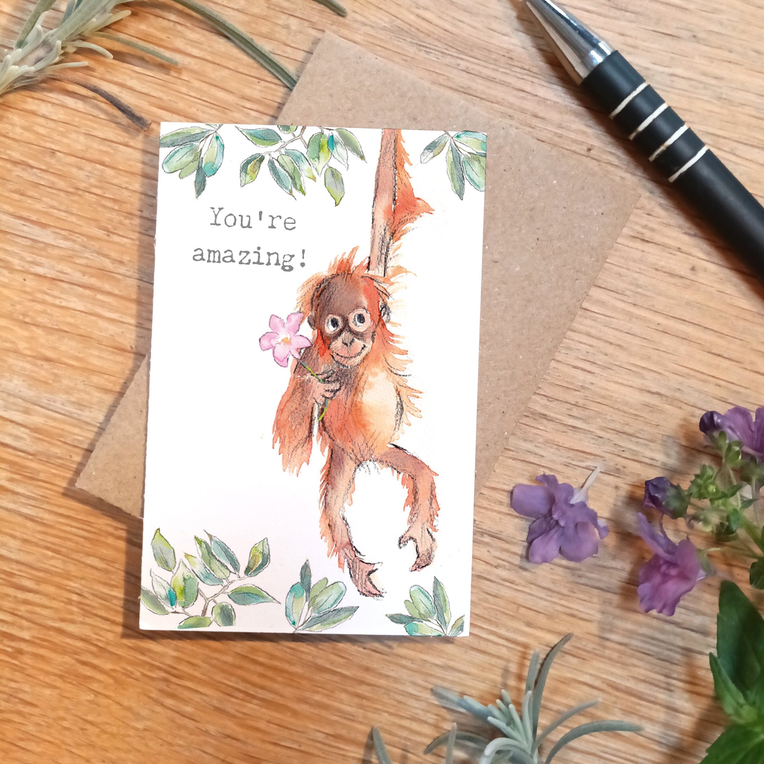 Sentiment Card - You'Re Amazing - Orangutan with Flower