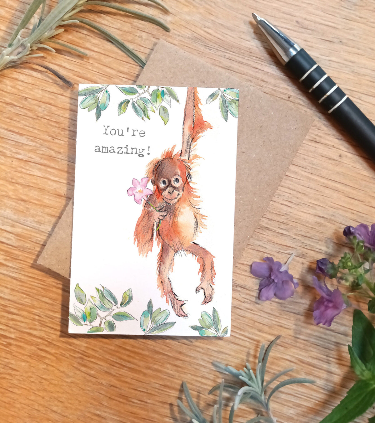 Sentiment Card - You'Re Amazing - Orangutan with Flower