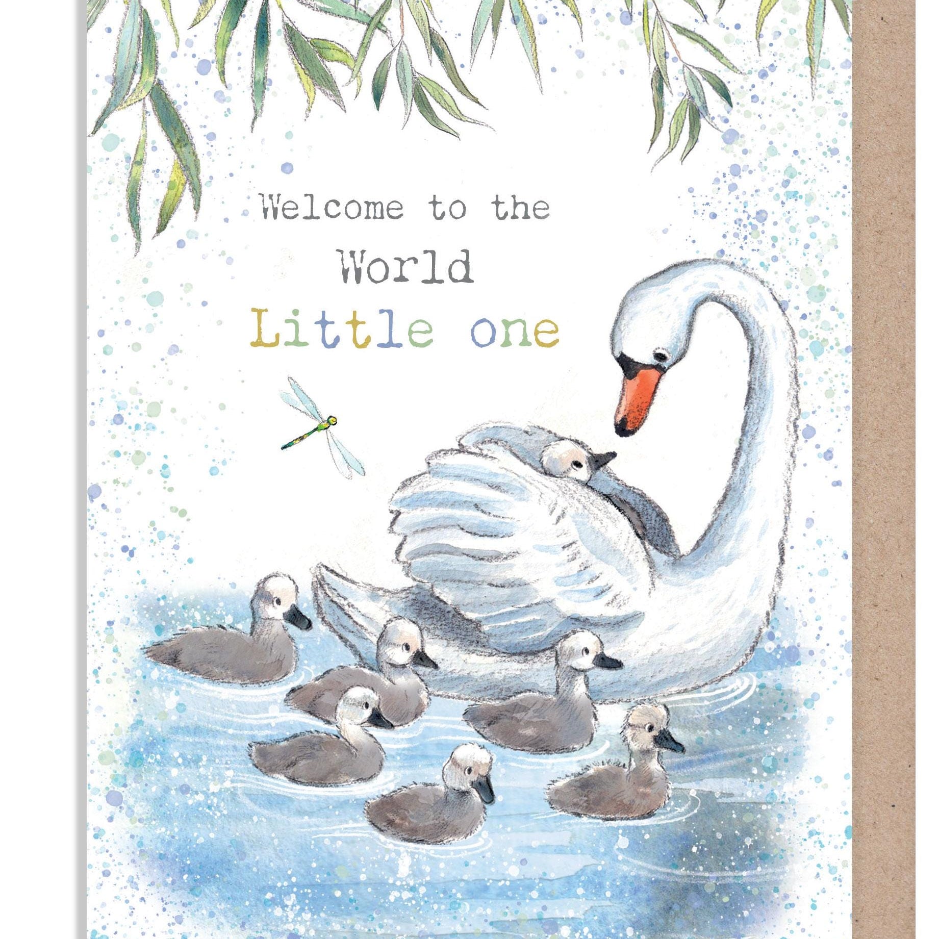 New Baby Card  -Quality greeting Card - Swan and Cygnets illustration - 'Down by the river' range - made in UK  - RIV020