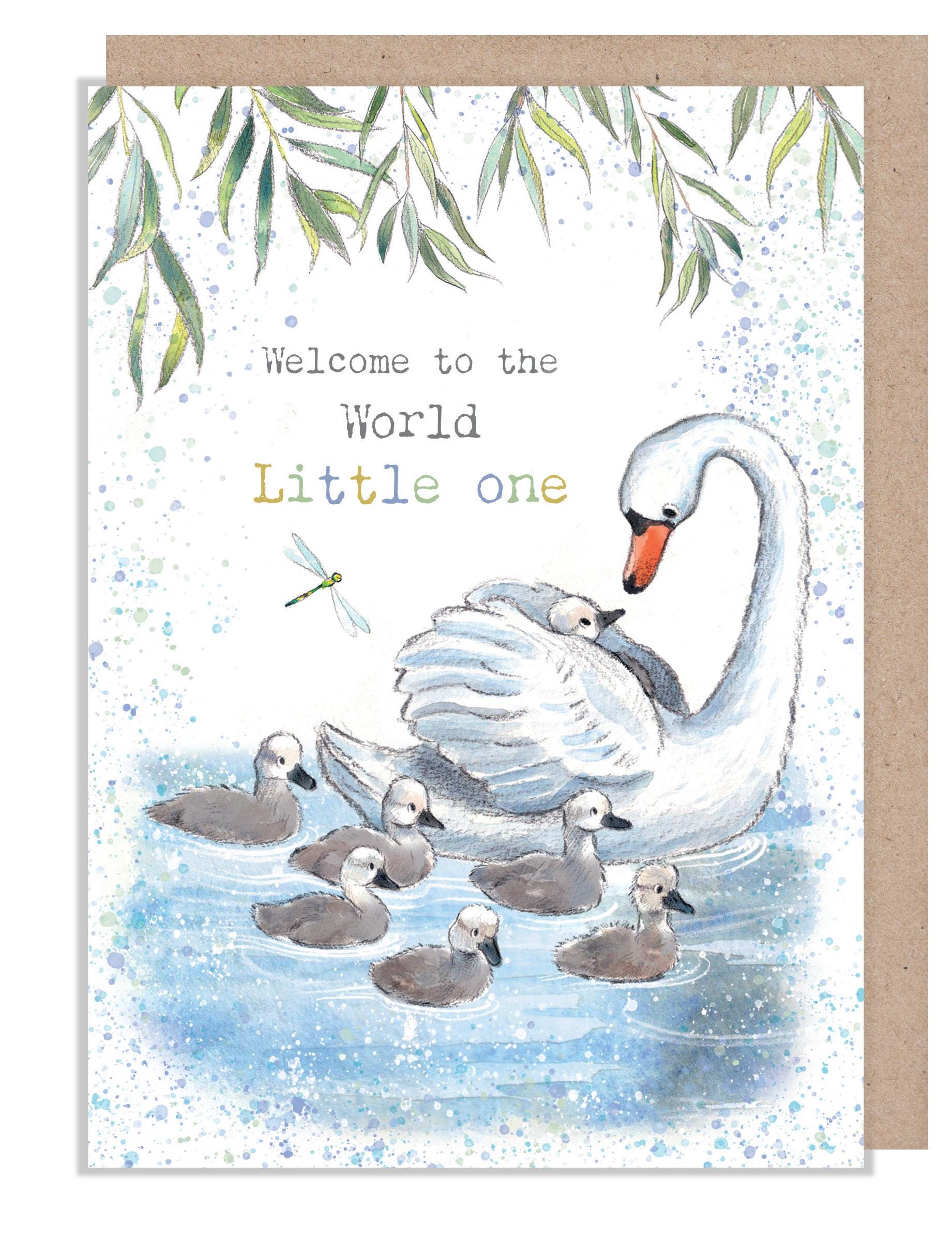 New Baby Card  -Quality greeting Card - Swan and Cygnets illustration - 'Down by the river' range - made in UK  - RIV020
