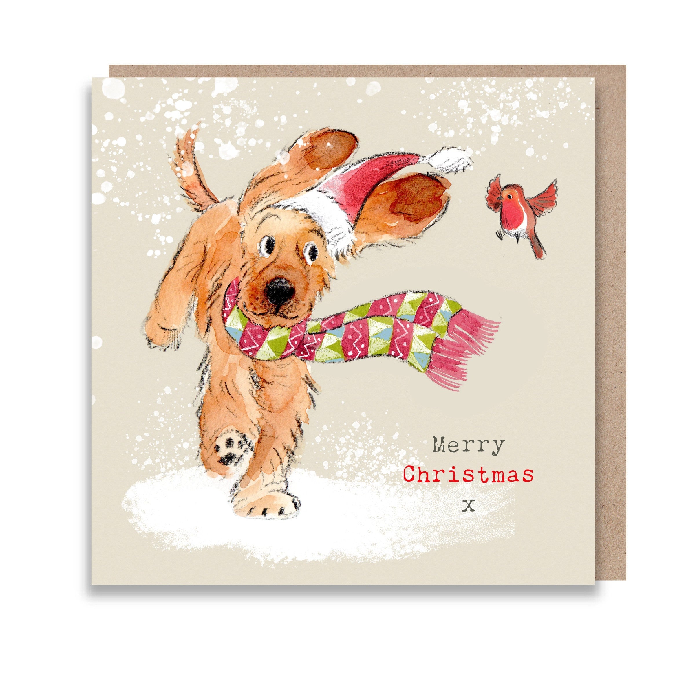 Christmas Card - Merry Christmas - Golden Cocker Spaniel Running with Robin.