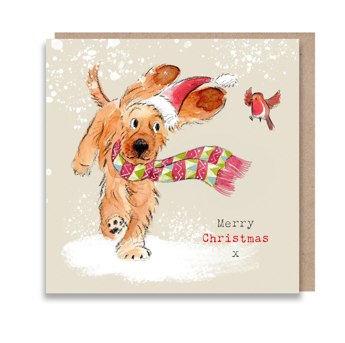 Christmas Card - Merry Christmas - Golden Cocker Spaniel Running with Robin.