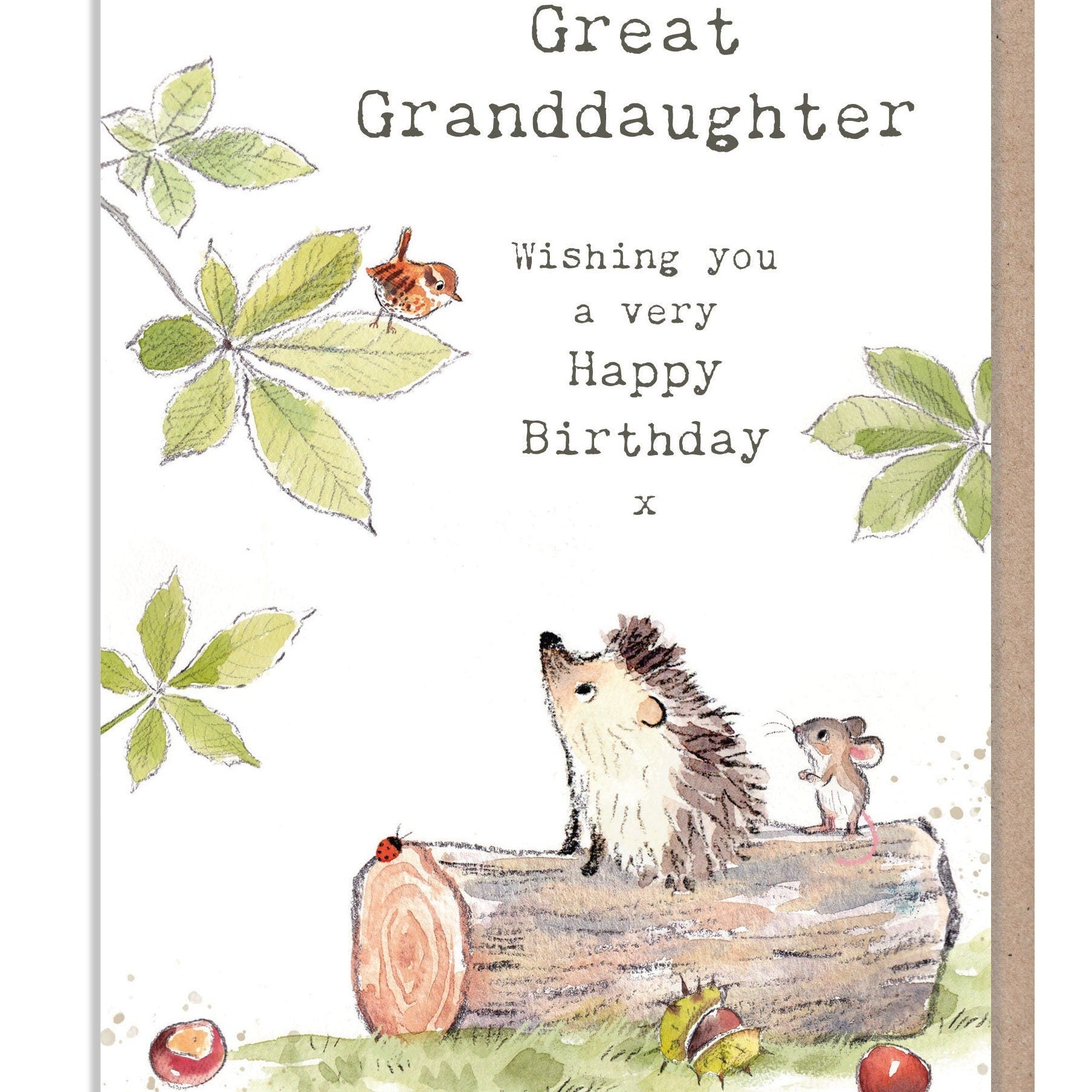Great Granddaughter Card - Hedgehog on Log with Mouse and Bird