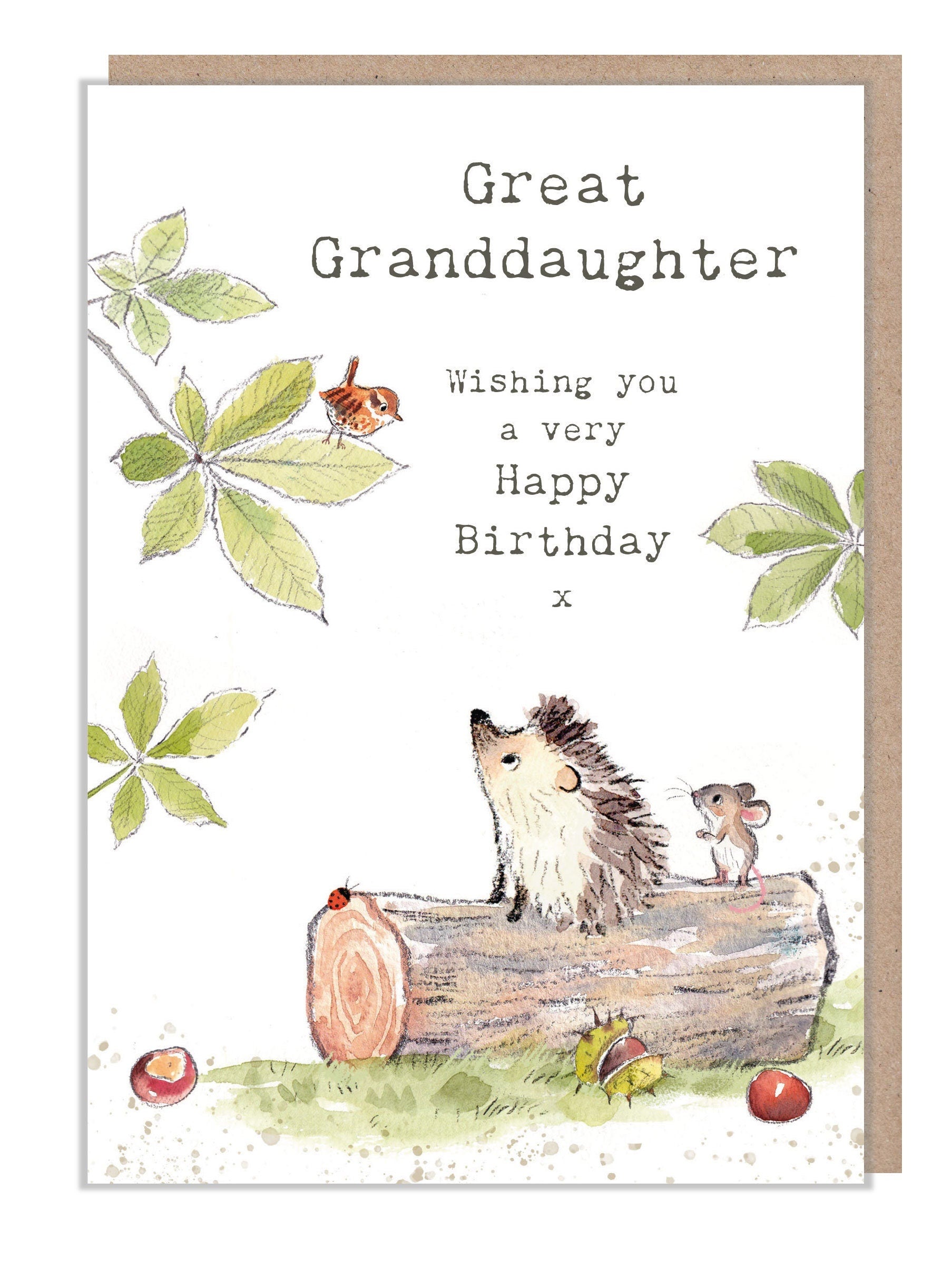 Great Granddaughter Card - Hedgehog on Log with Mouse and Bird