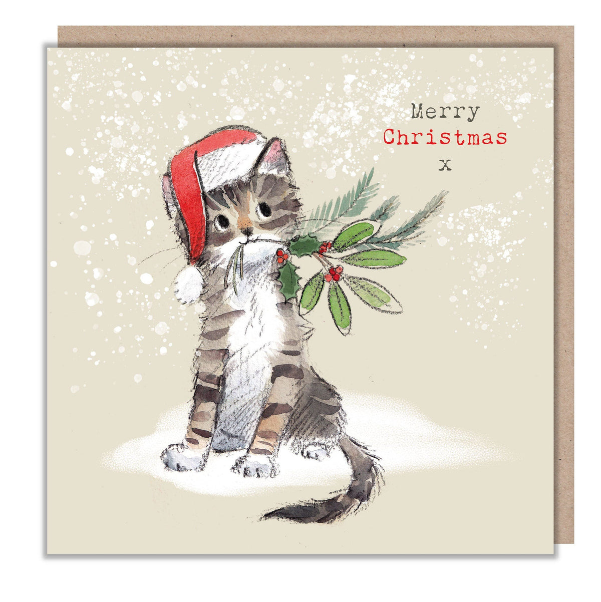 Christmas Card - Merry Christmas - Kitten Holding Winter Foliage in It's Mouth.