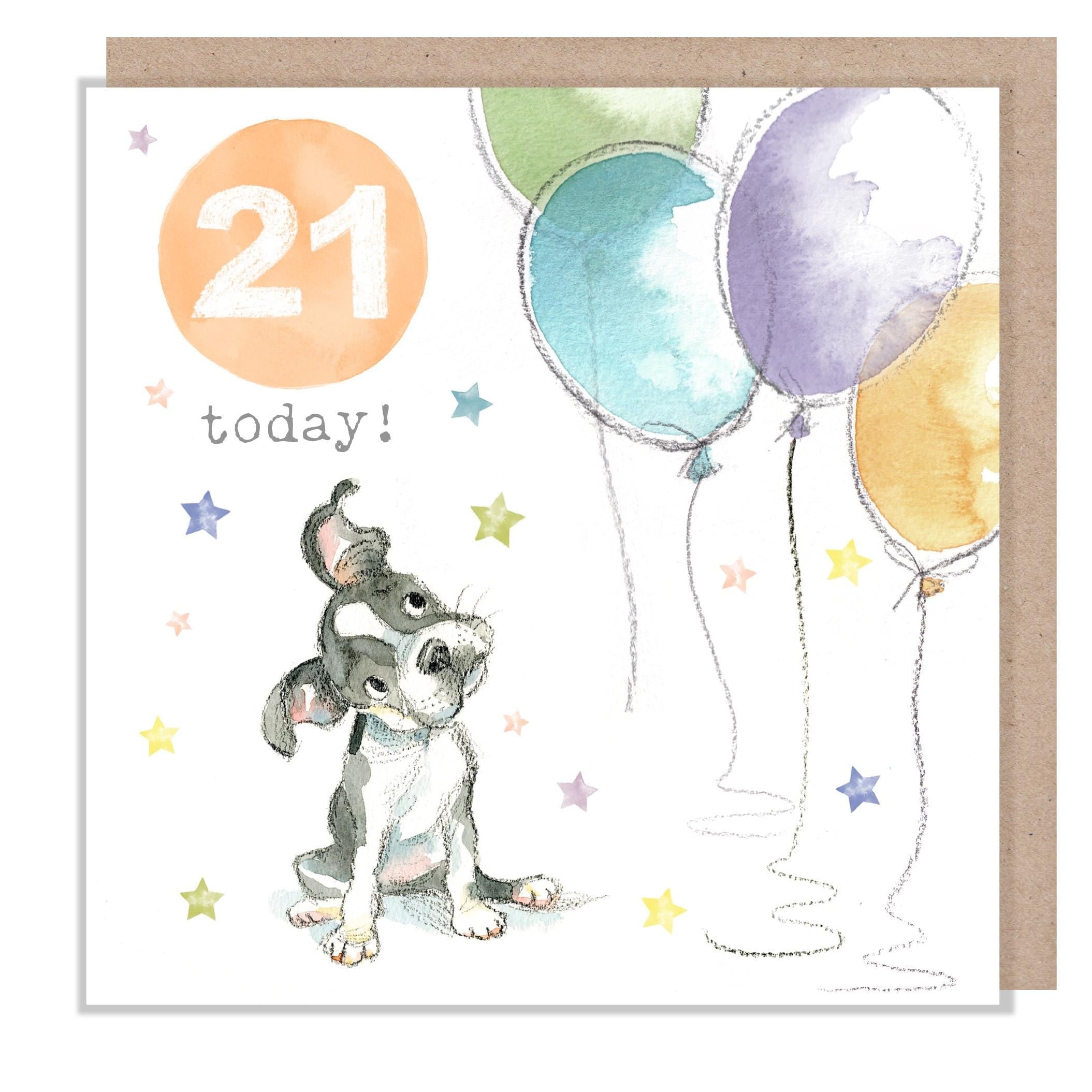 Age 21 Card - Puppy with Balloons