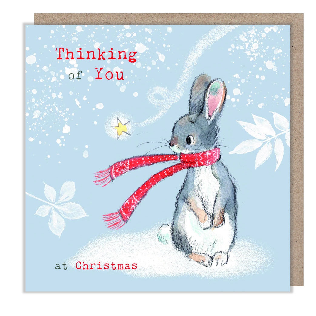 Christmas Card - Rabbit Wearing Scarf - Looking at Shooting Star. Thinking Of You