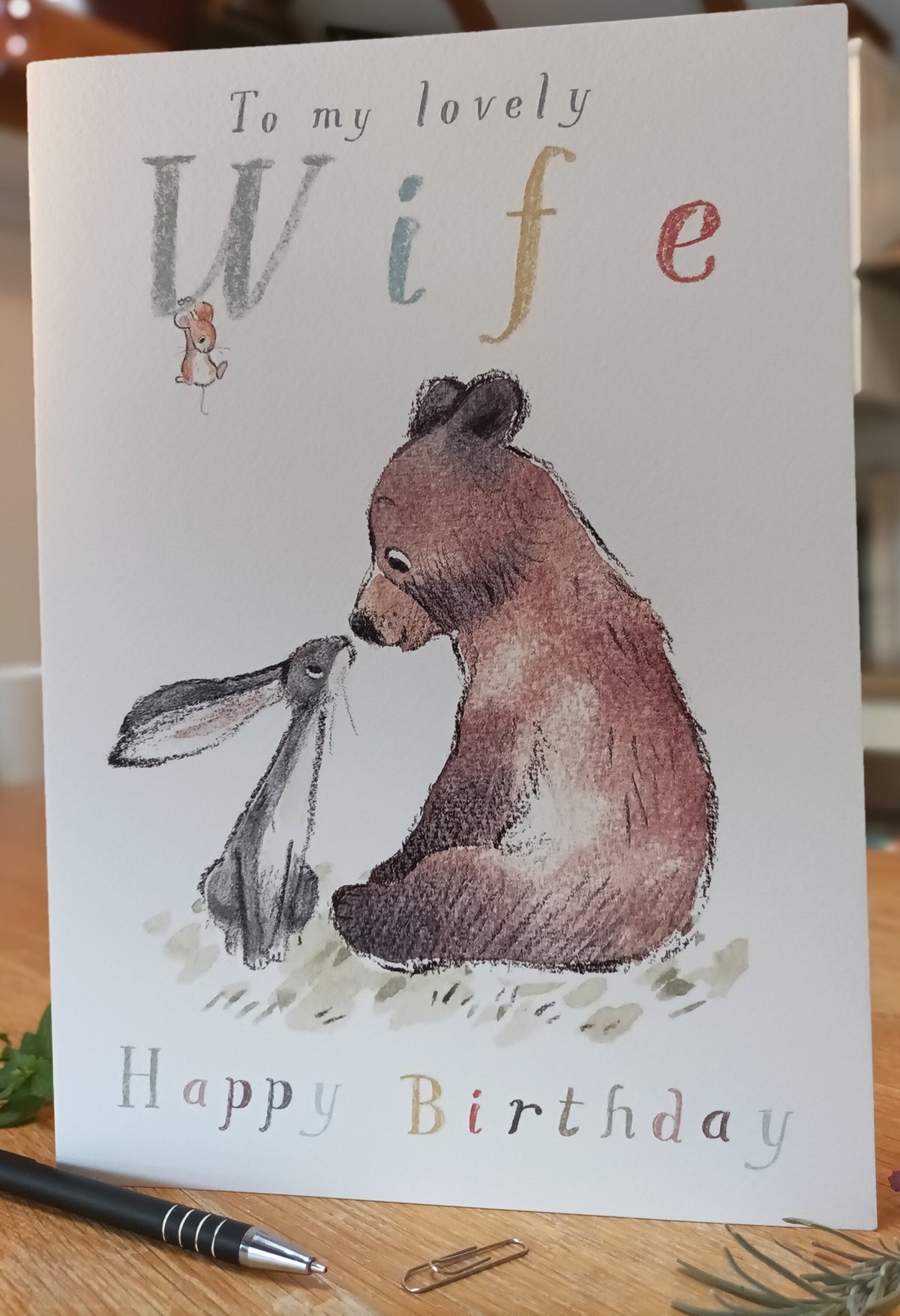 Birthday Card - to My Lovely Wife - Bear, Hare and Mouse