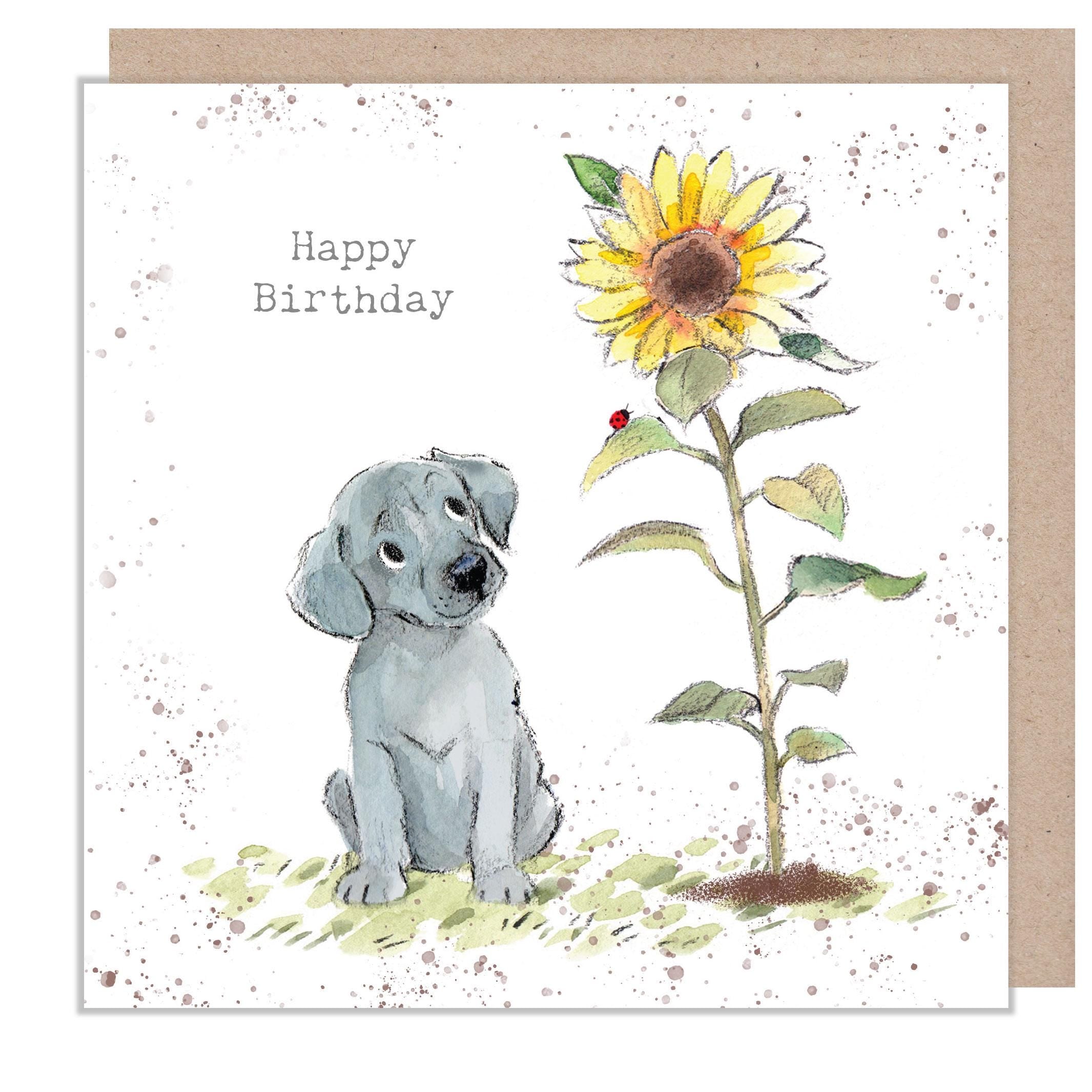 Birthday Card - with Love and Best Wishes - Grey Puppy with Sunflower