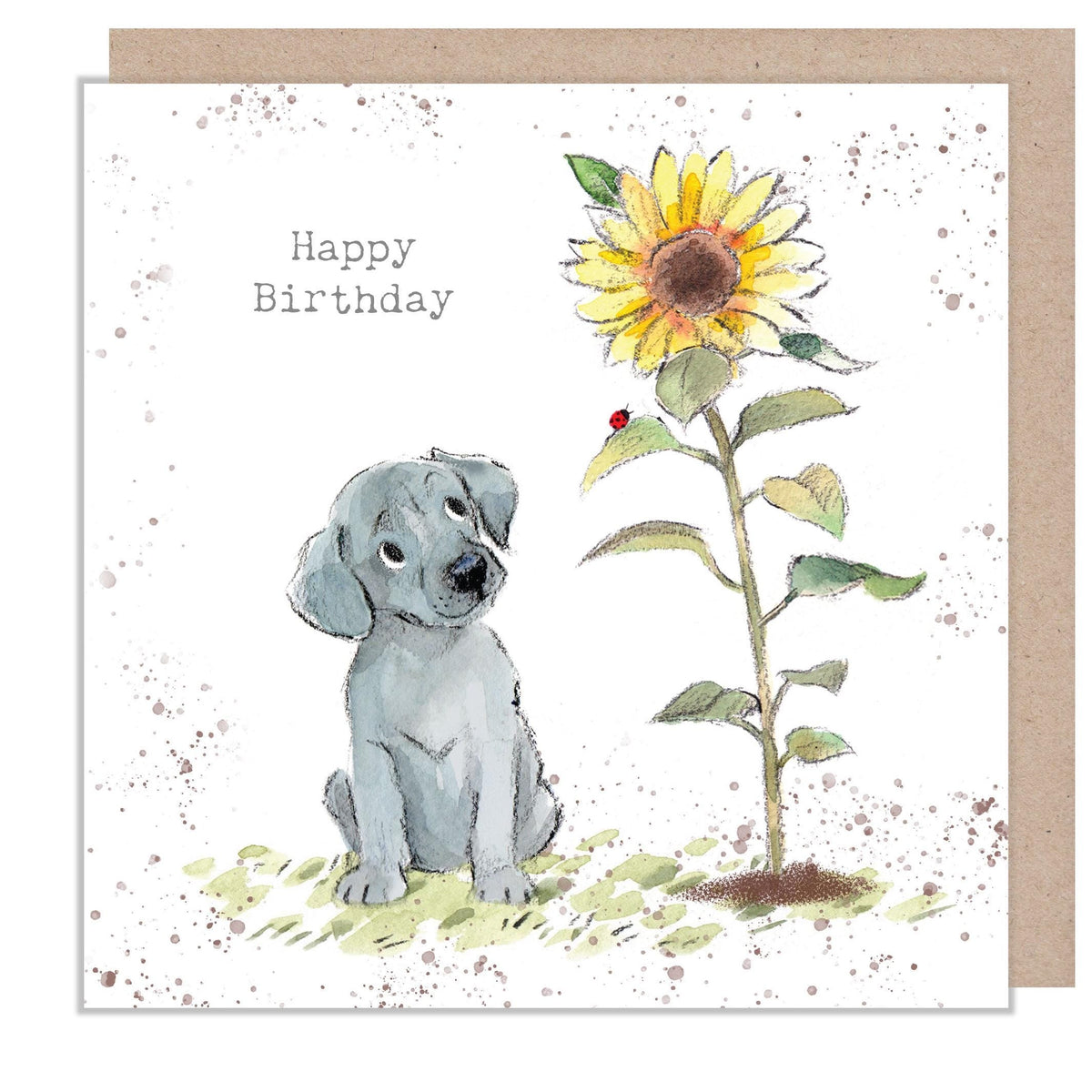 Birthday Card - with Love and Best Wishes - Grey Puppy with Sunflower