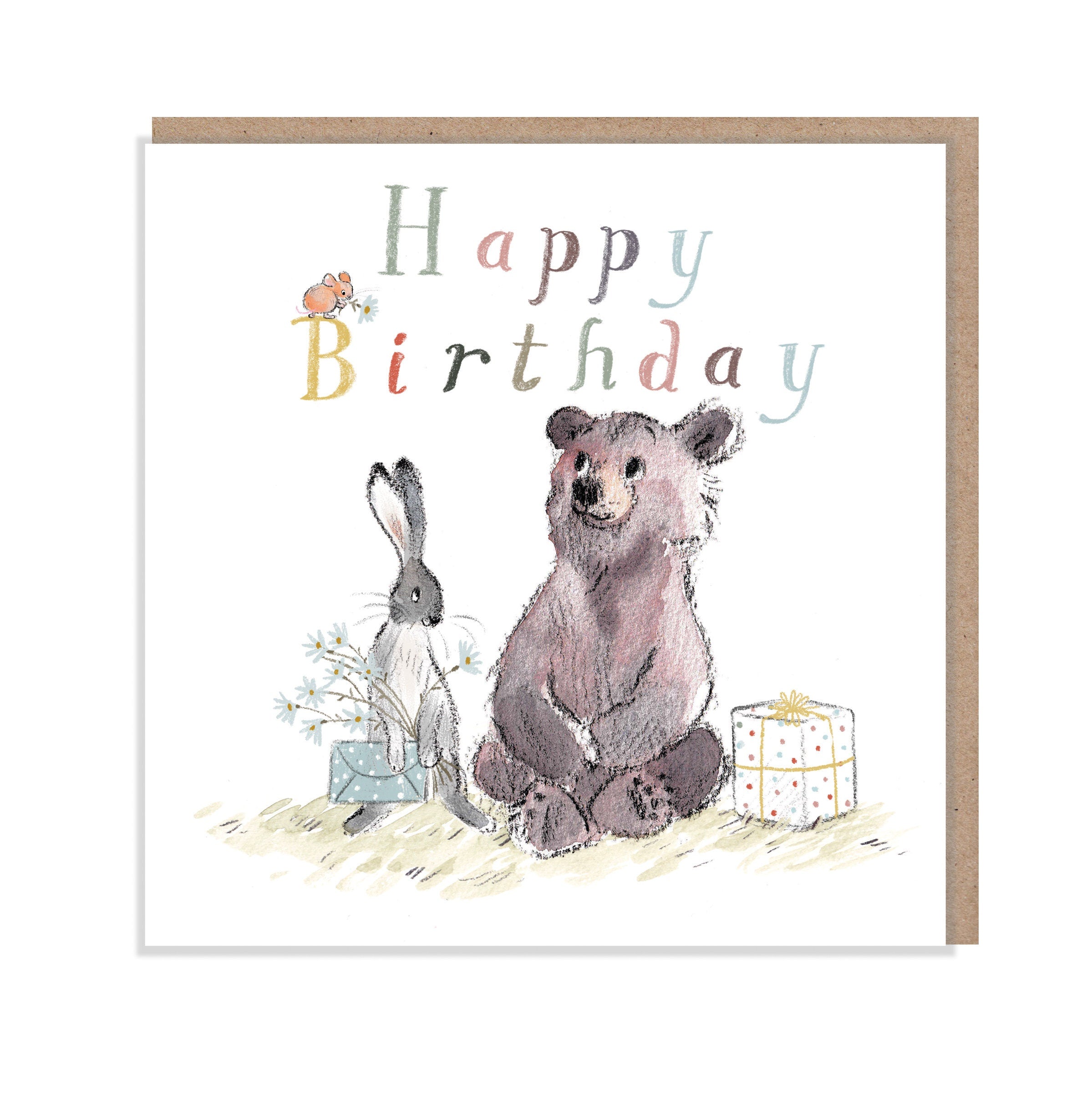 Cute Birthday Card - Happy Birthday - Sitting Bear and Hare with Present and Flowers