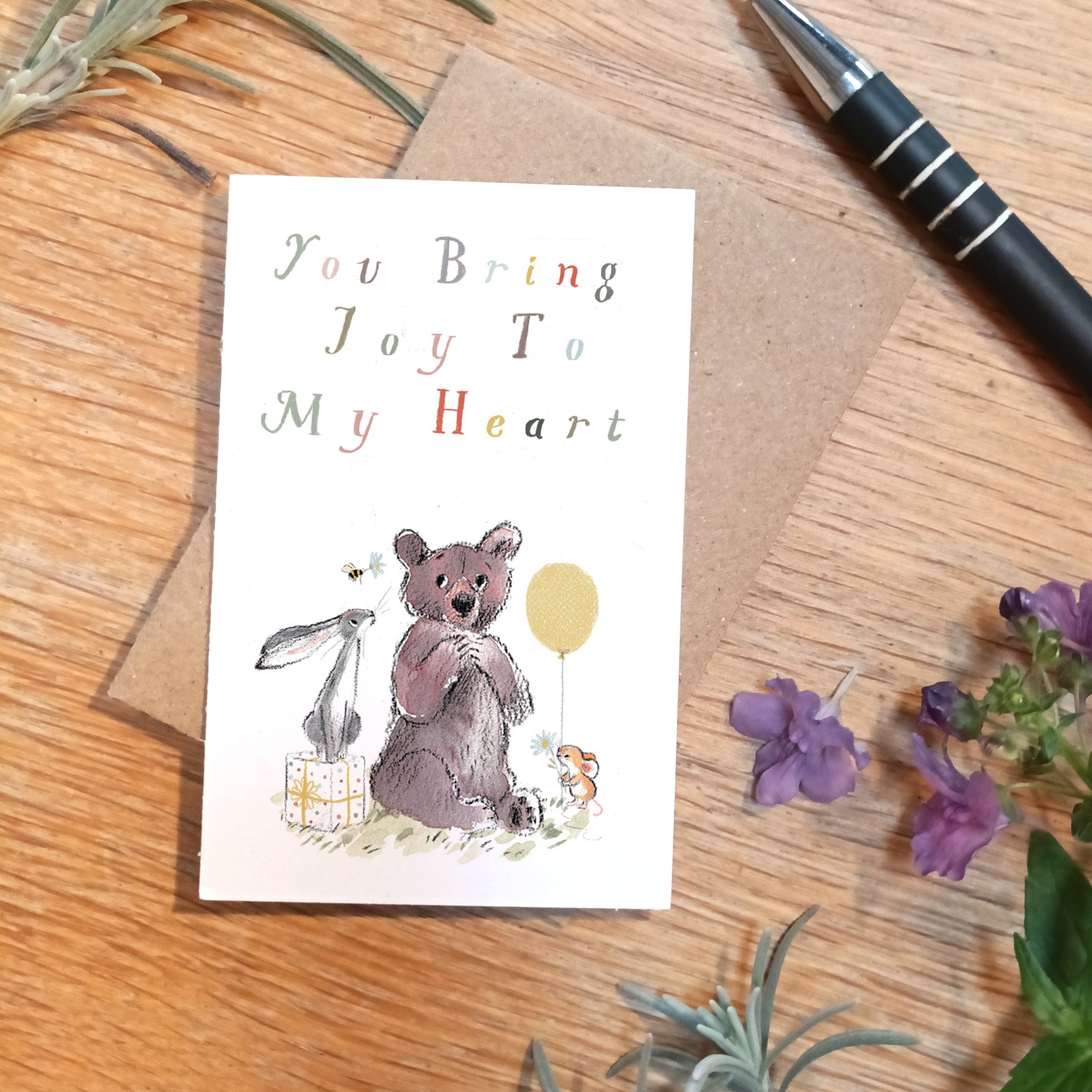 Sentiment Card - You Bring Joy to My Heart - Bear, Hare and Mouse with Balloon