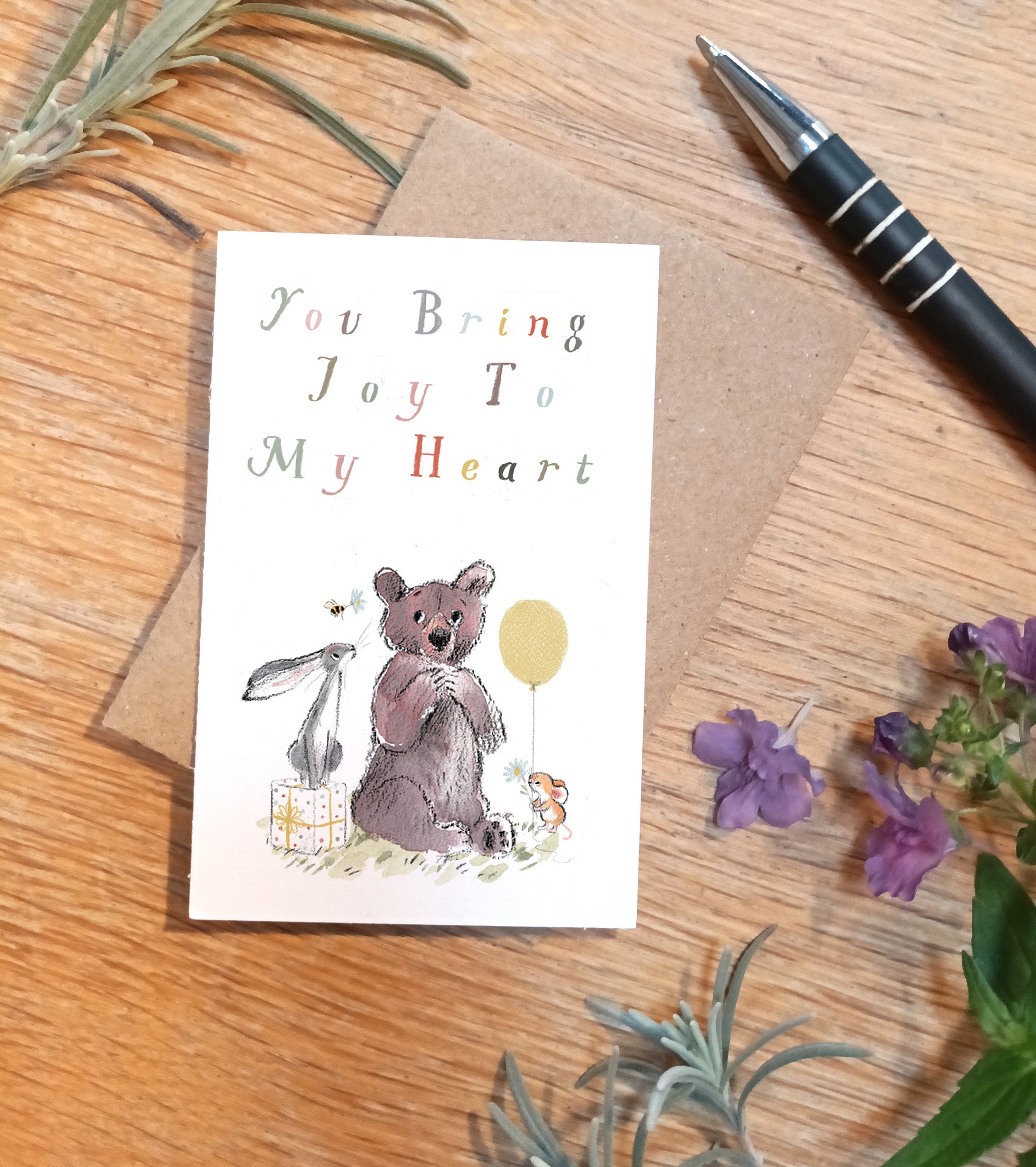 Sentiment Card - You Bring Joy to My Heart - Bear, Hare and Mouse with Balloon