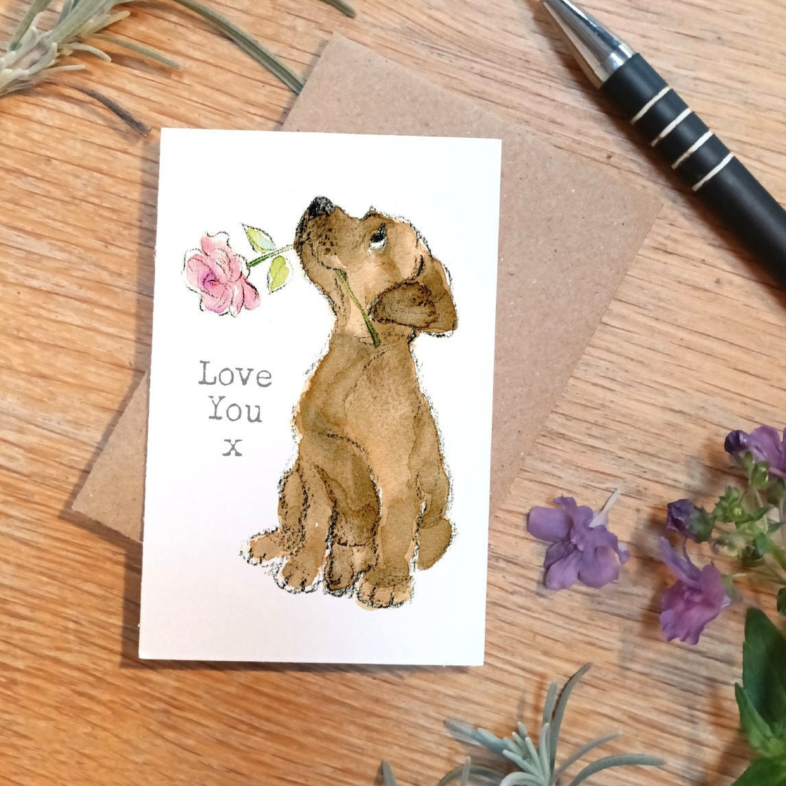 Sentiment Card - Love You - Brown Labrador with Pink Flower