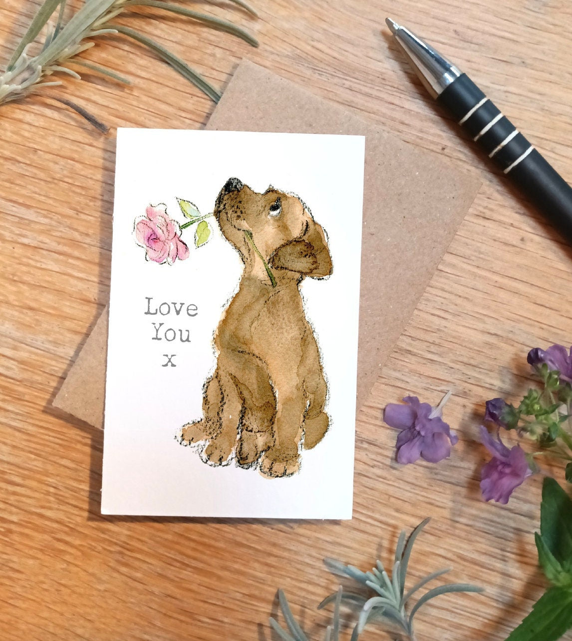 Sentiment Card - Love You - Brown Labrador with Pink Flower