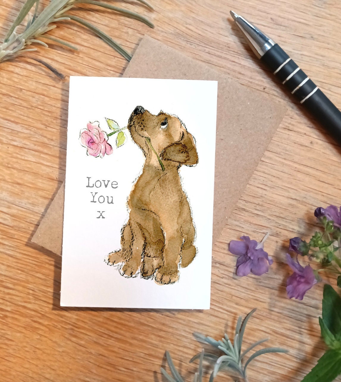 Sentiment Card - Love You - Brown Labrador with Pink Flower