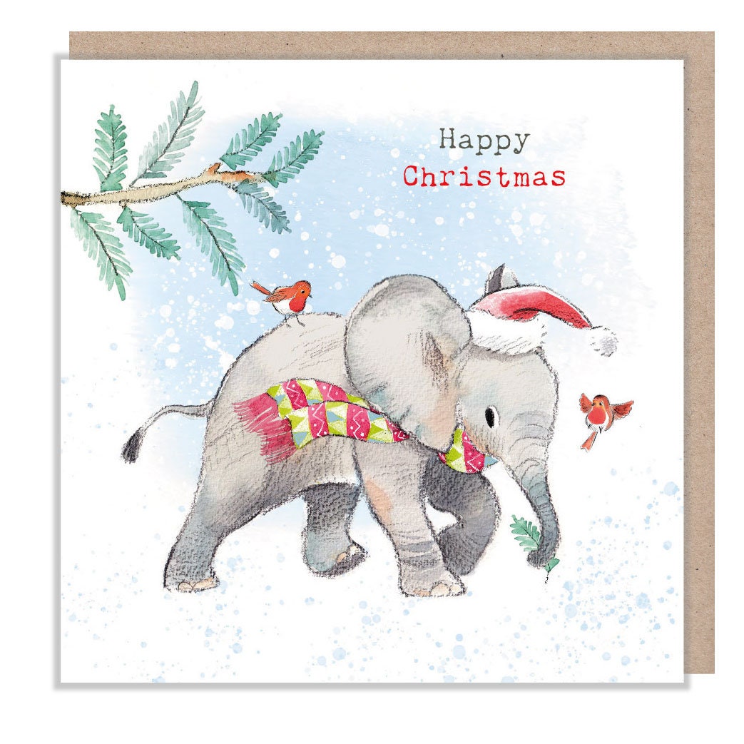 Christmas Card - Elephant Walking - Wearing Hat & Scarf - with 2 Robins - Happy Christmas