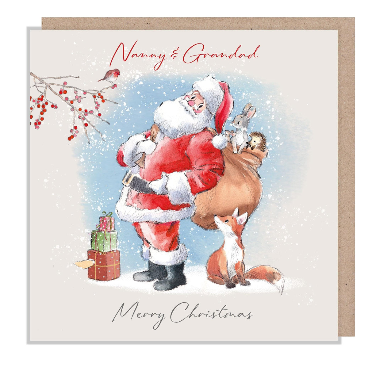 Nanny & Grandad Christmas Card - Santa with Animals in Sack