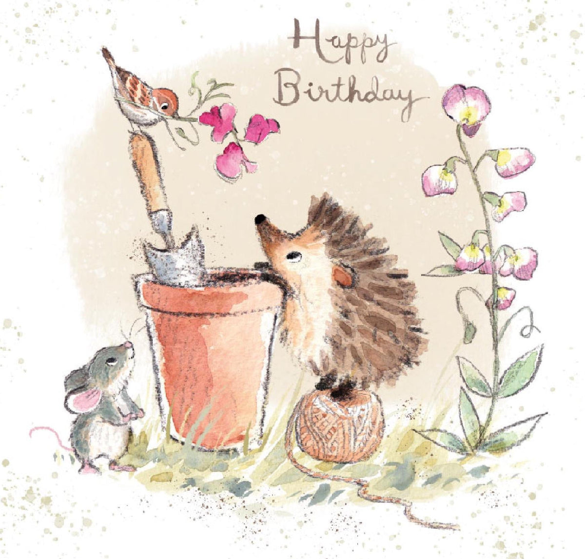 Happy Birthday Card - Hedgehog, Mouse, Bird with Flowerpot