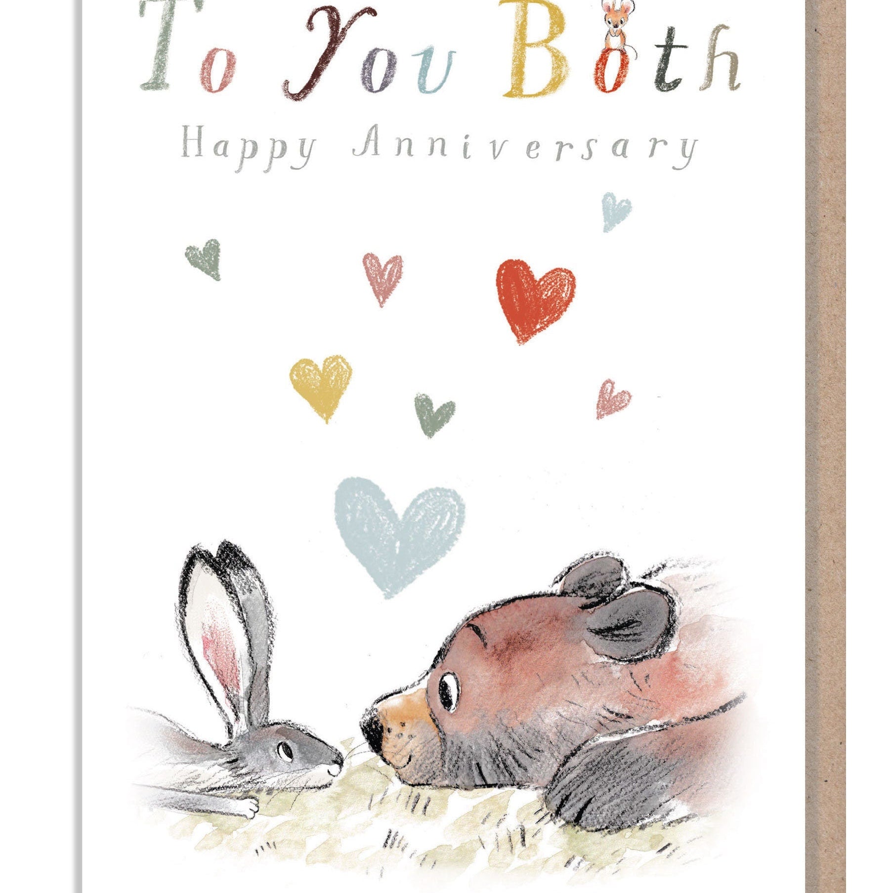 Cute Anniversary Card - to You Both - Bear and Hare with Love Hearts