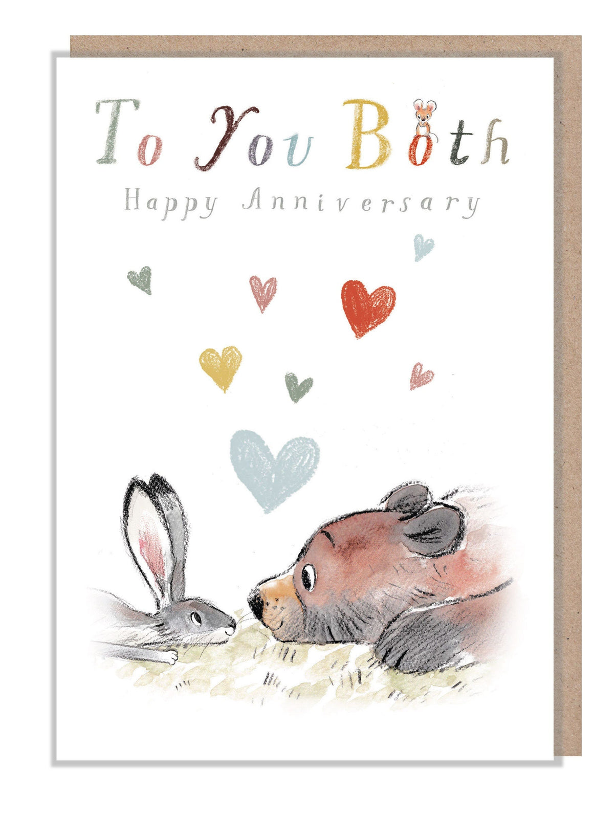 Cute Anniversary Card - to You Both - Bear and Hare with Love Hearts