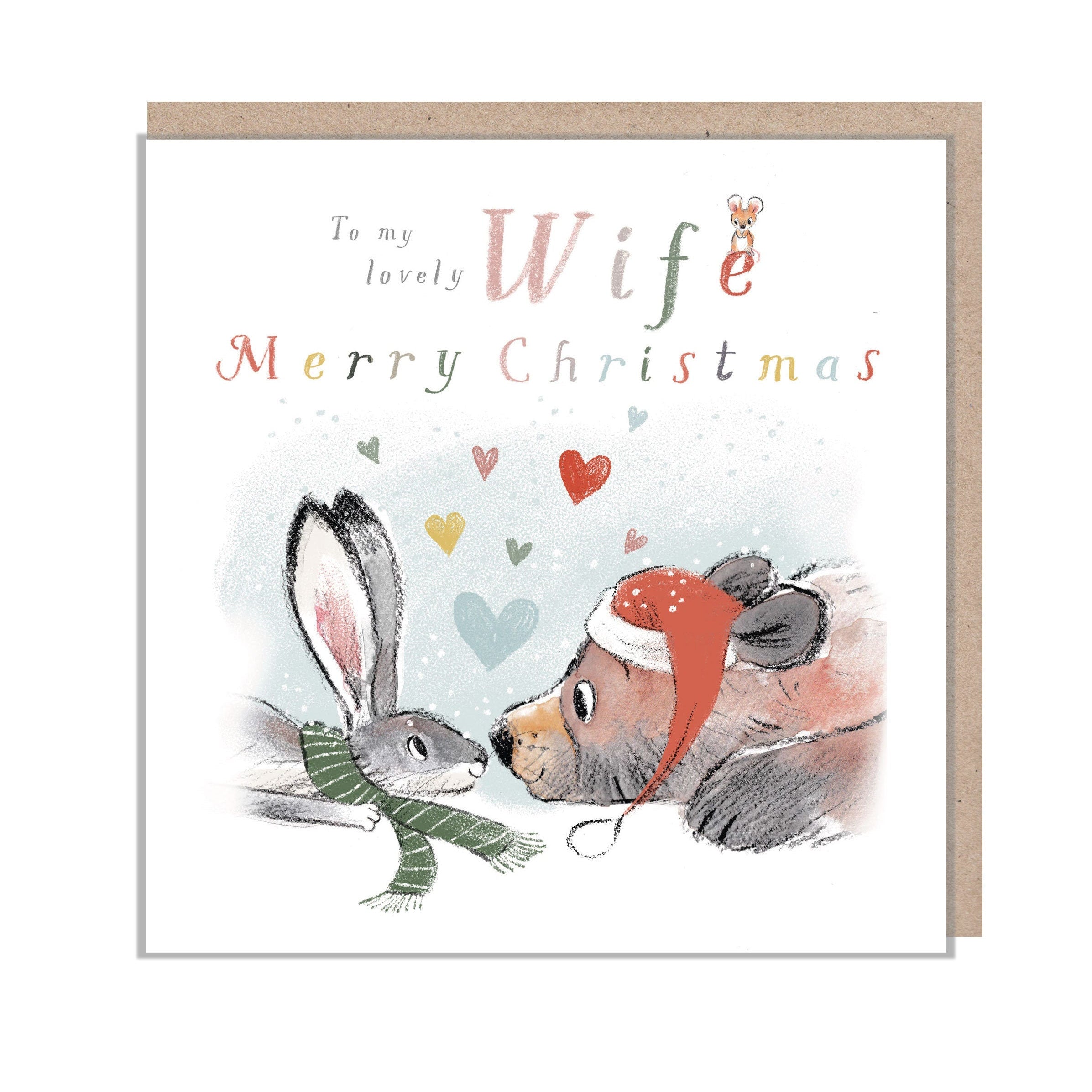 Christmas Card - to My Lovely Wife - Bear and Hare Gazing at Each Other.