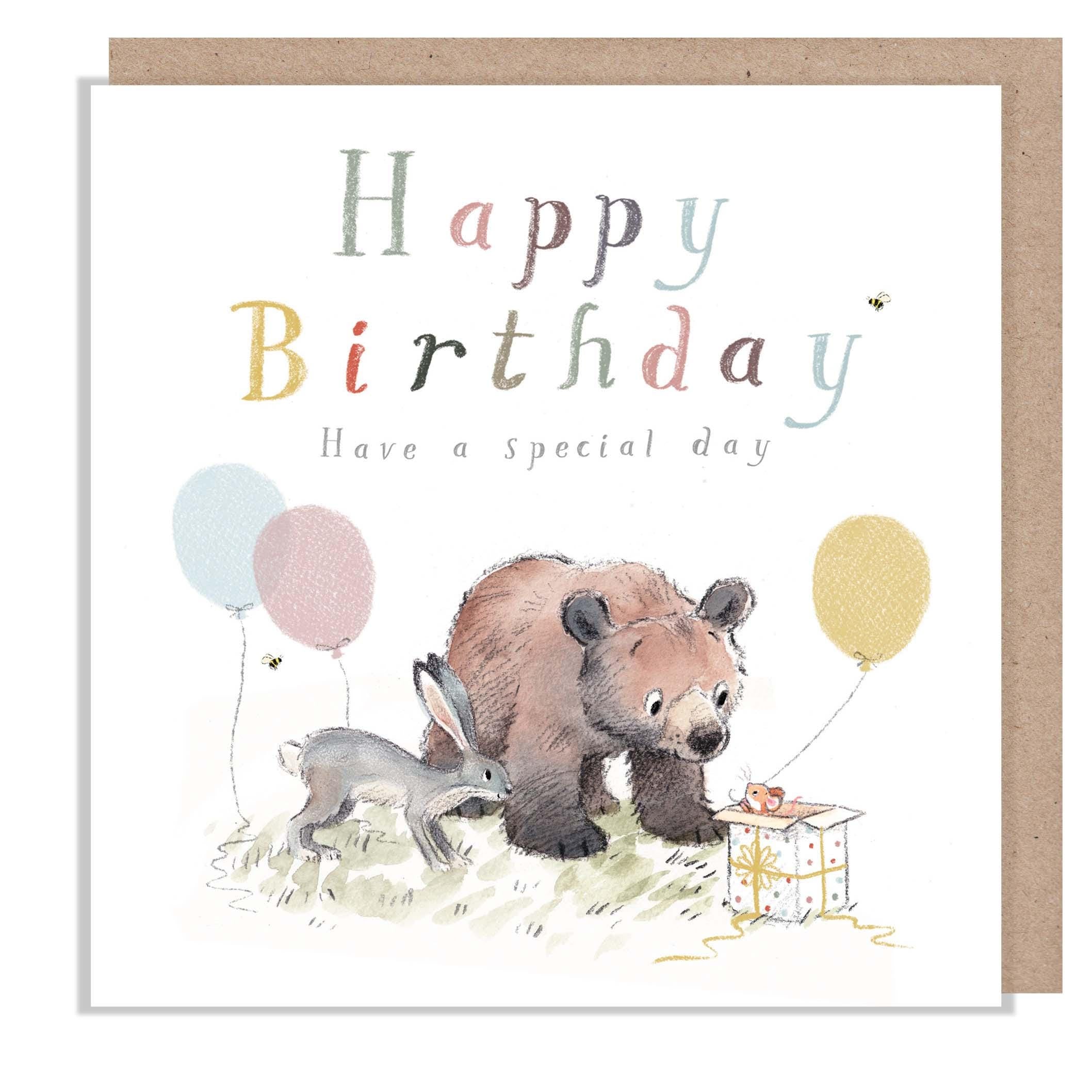 Birthday Card - Happy Birthday Have a Special Day - Bear and Hare Looking at Mouse in Box
