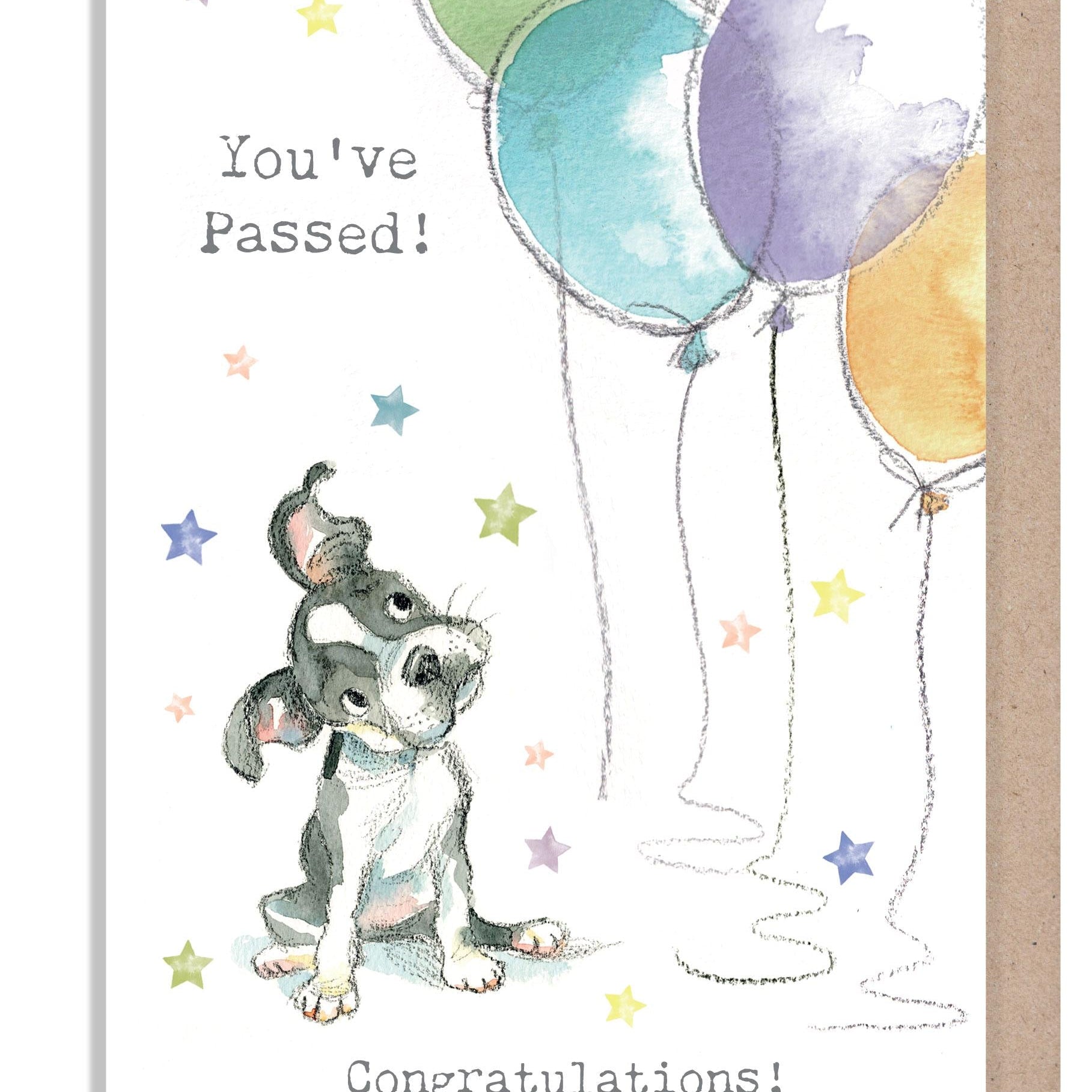 Congratulations Card - You've Passed - Black and White Dog with Colourful Balloons