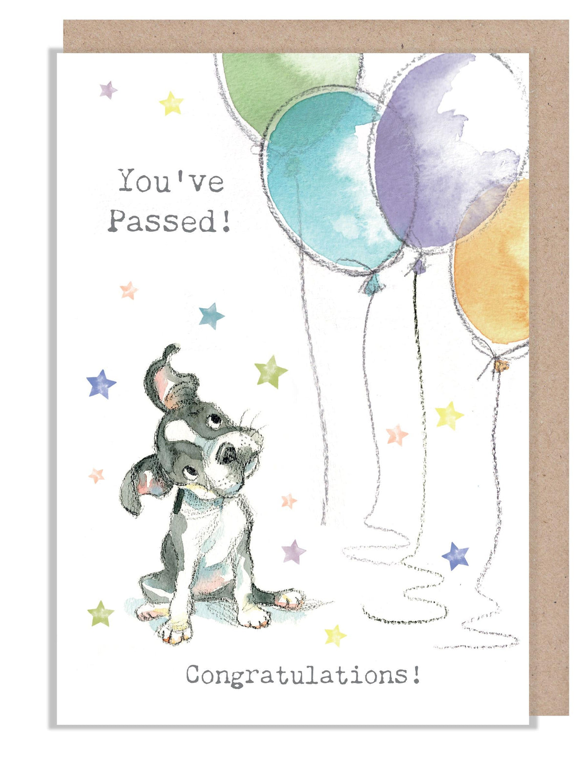 Congratulations Card - You've Passed - Black and White Dog with Colourful Balloons
