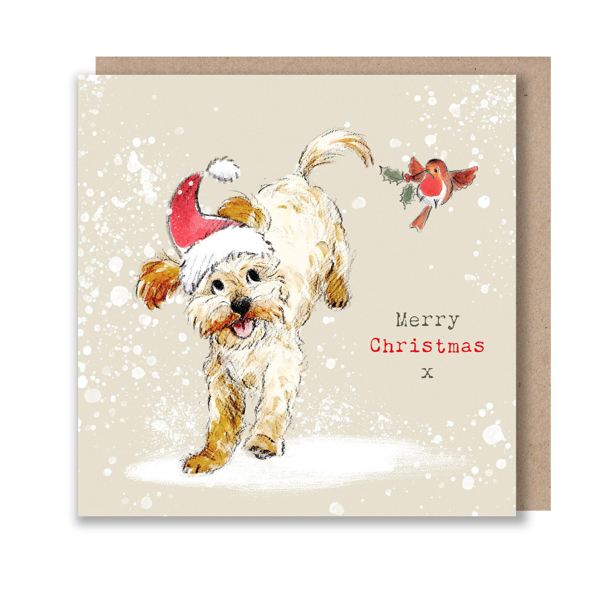 Christmas Card - Merry Christmas - Labradoodle/Cockapoo Running with Robin