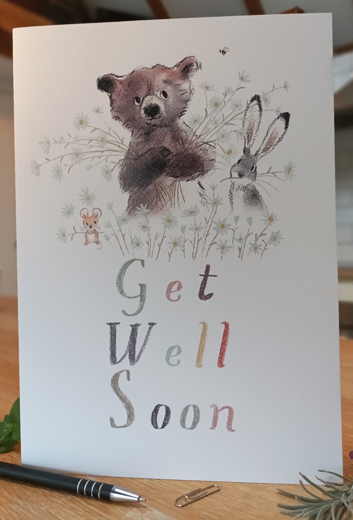 Get Well Soon Card - Bear, Hare, Mouse and Flowers