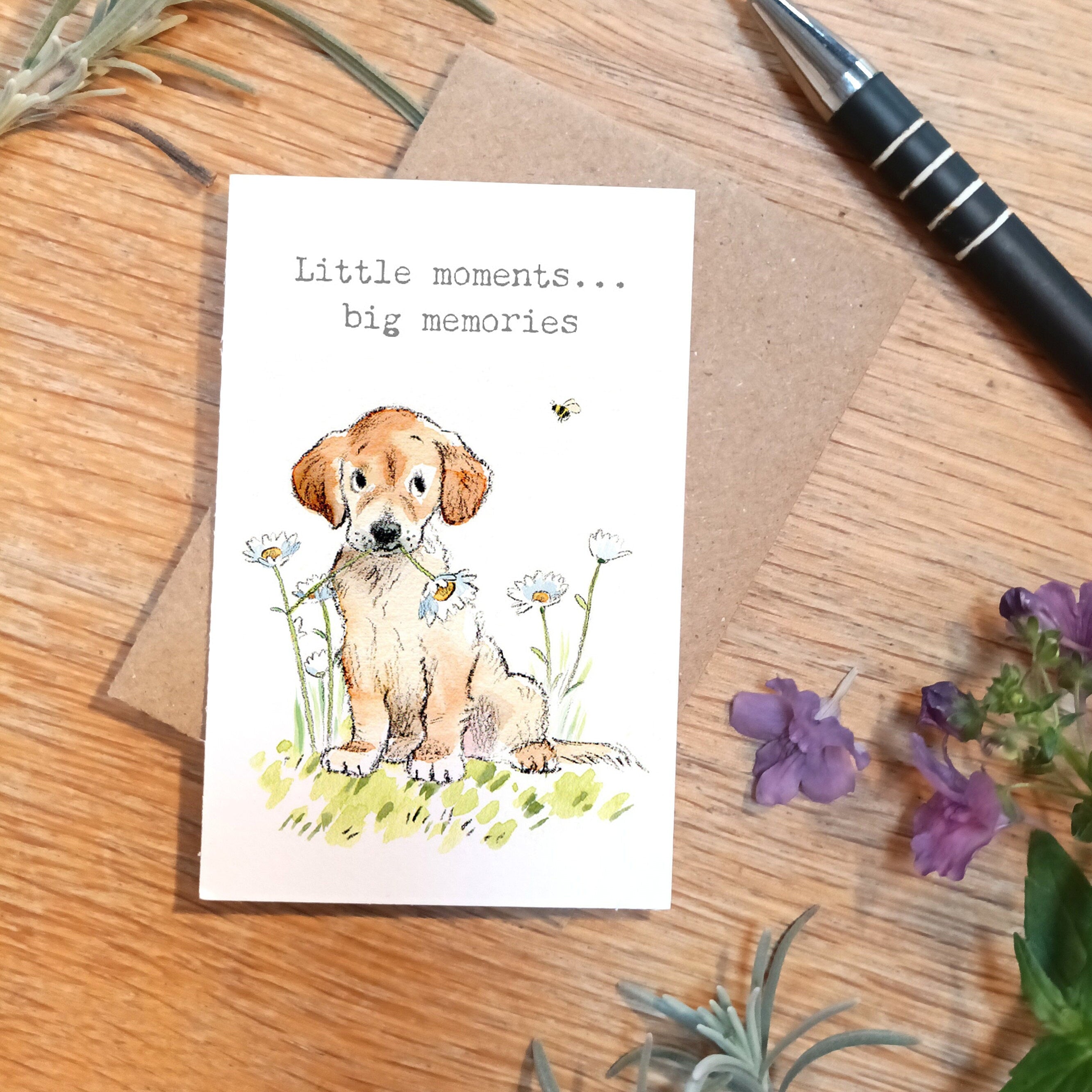 Sentiment Card - Little Moments...Big Memories - Golden Lab Puppy with Bee