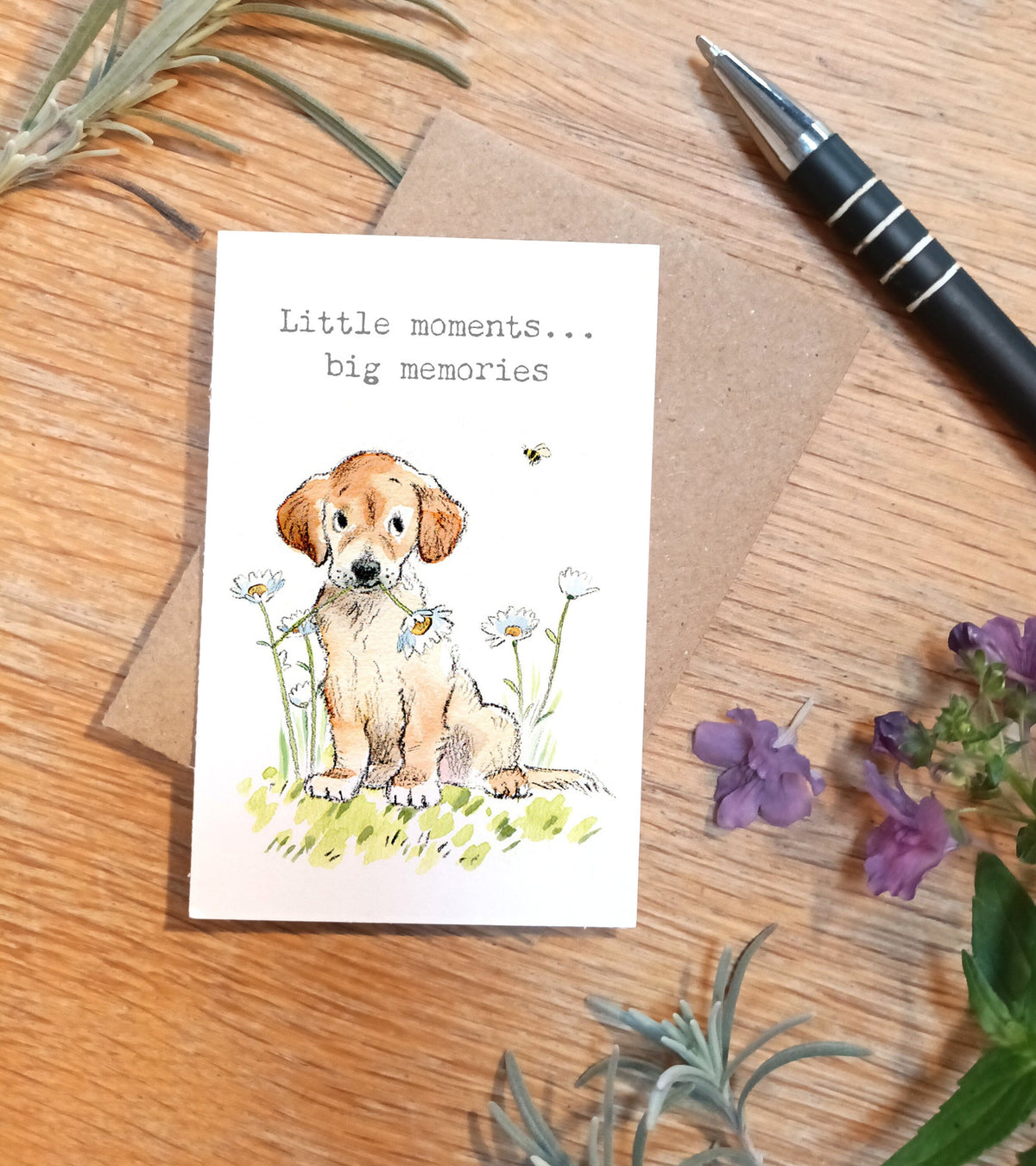 Sentiment Card - Little Moments...Big Memories - Golden Lab Puppy with Bee