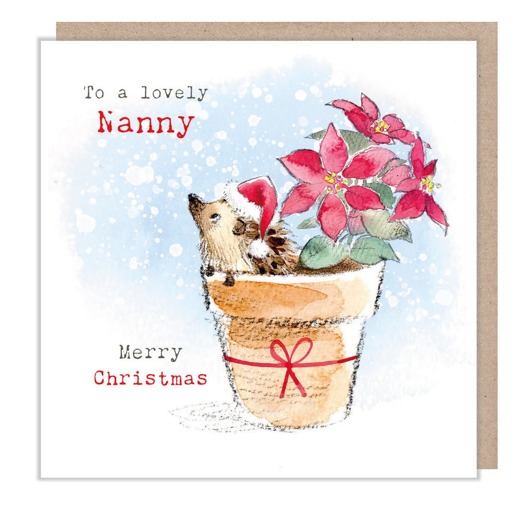 Christmas Card - Hedgehog Wearing Christmas Hat - in Flowerpot with Red Poinsettia Flower. to a Lovely Nanny